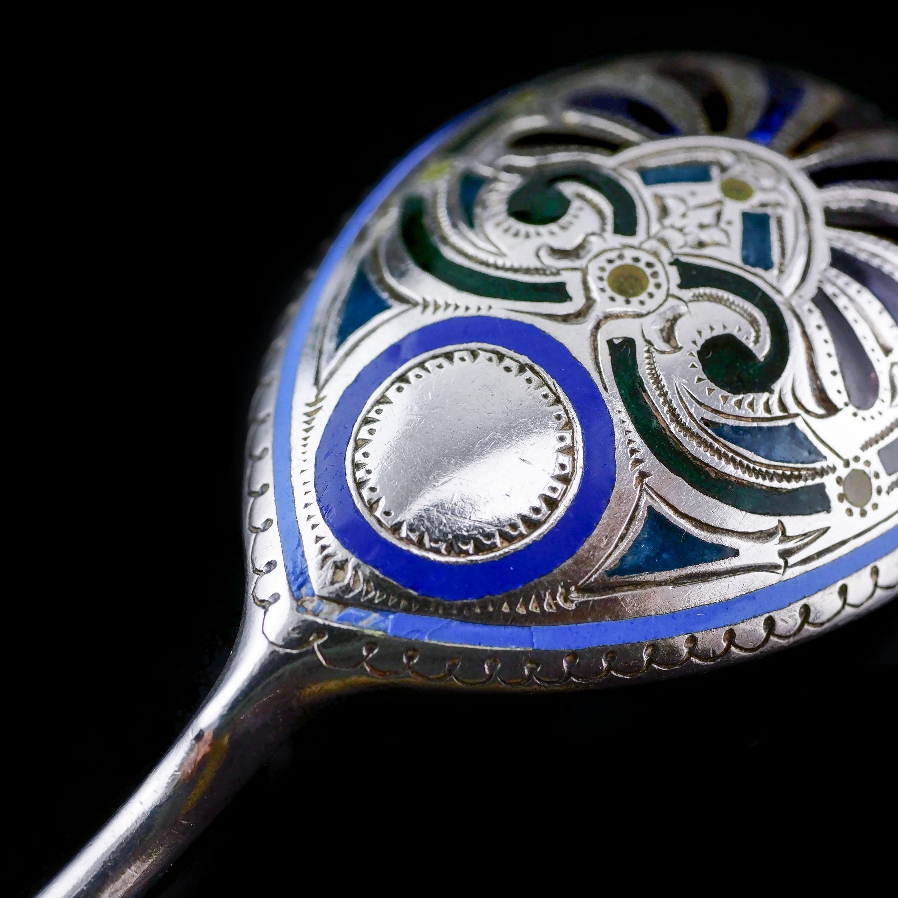 Antique Russian Solid Silver Plique a Jour Champleve Enamel Spoon 8