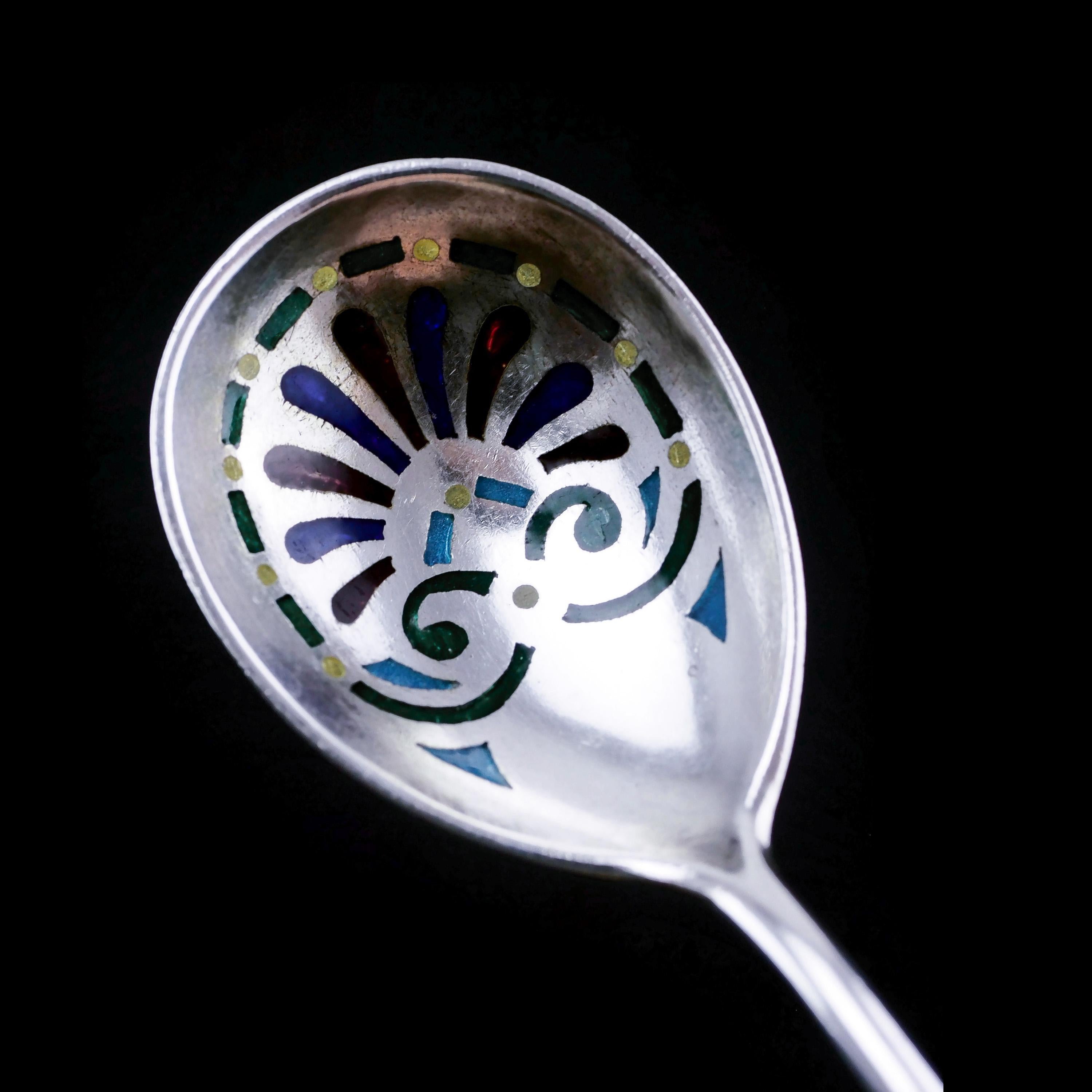 Antique Russian Solid Silver Plique a Jour Champleve Enamel Spoon 9