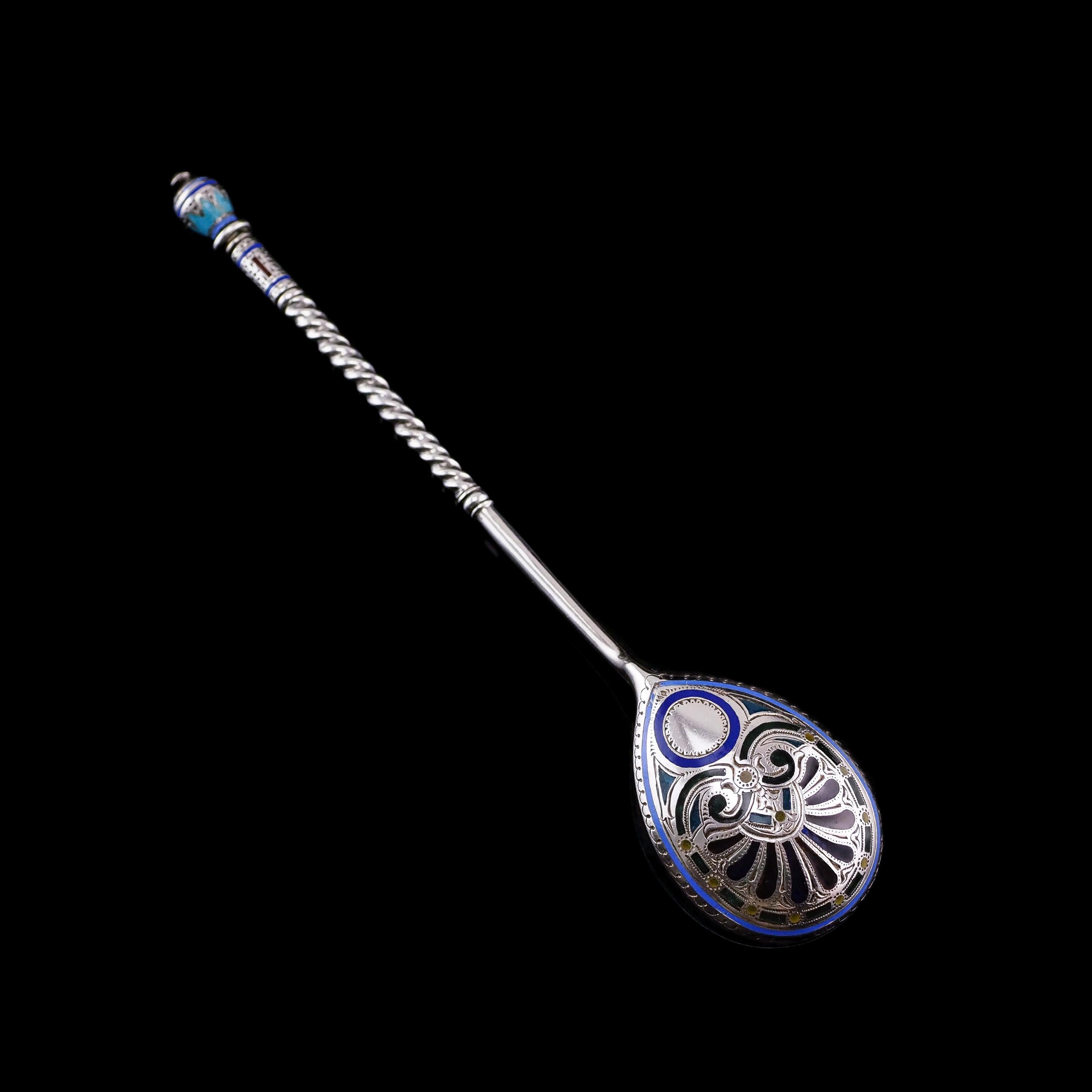 Antique Russian Solid Silver Plique a Jour Champleve Enamel Spoon 15