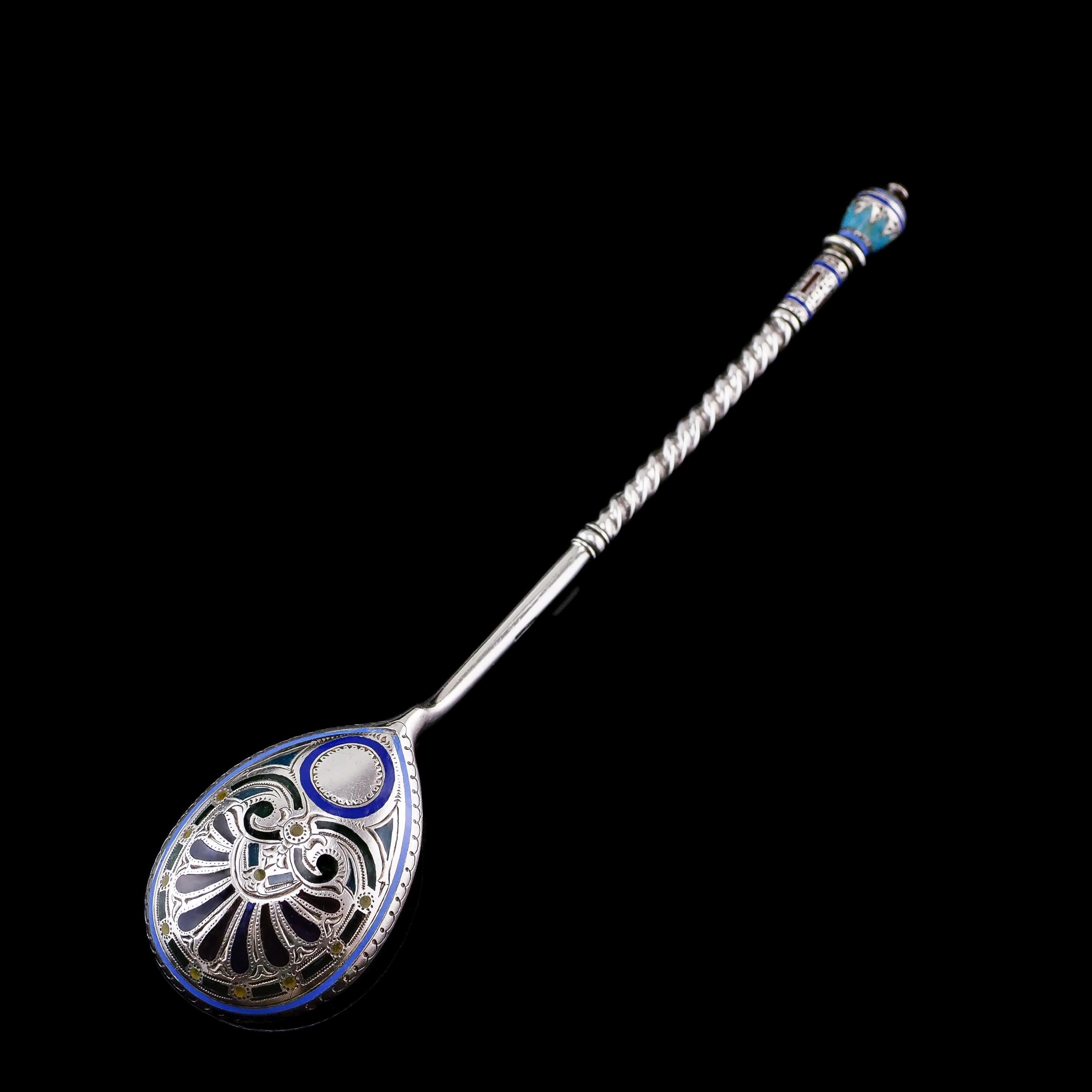 We are delighted to offer this stunning Imperial Russian 'Plique a Jour' & 'Champleve' silver enamel spoon made in Moscow c.1890 by an unidentified silversmith A.K

This spoon features an array of desirable Russian craftsmanship; the reverse side