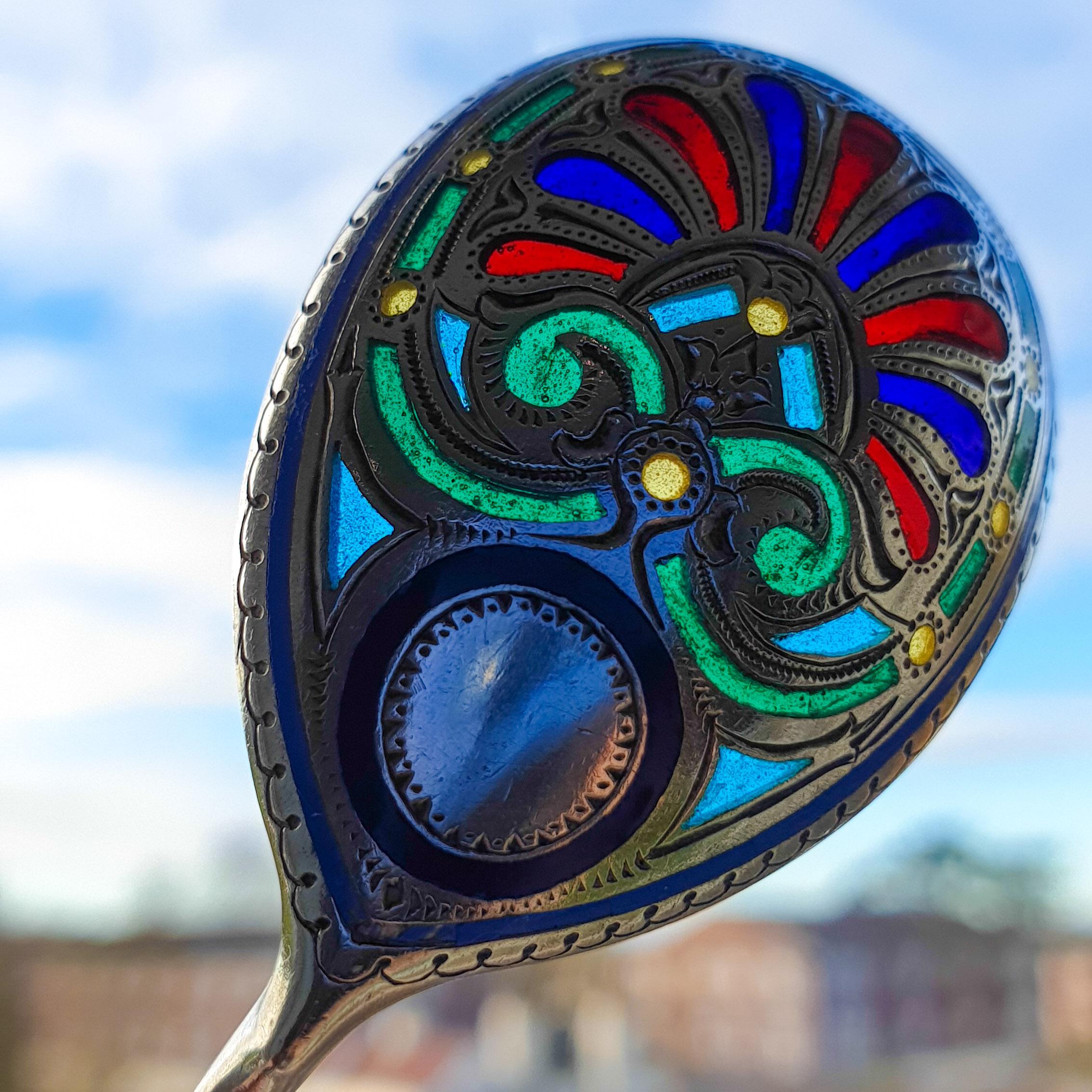 Antique Russian Solid Silver Plique a Jour Champleve Enamel Spoon 1