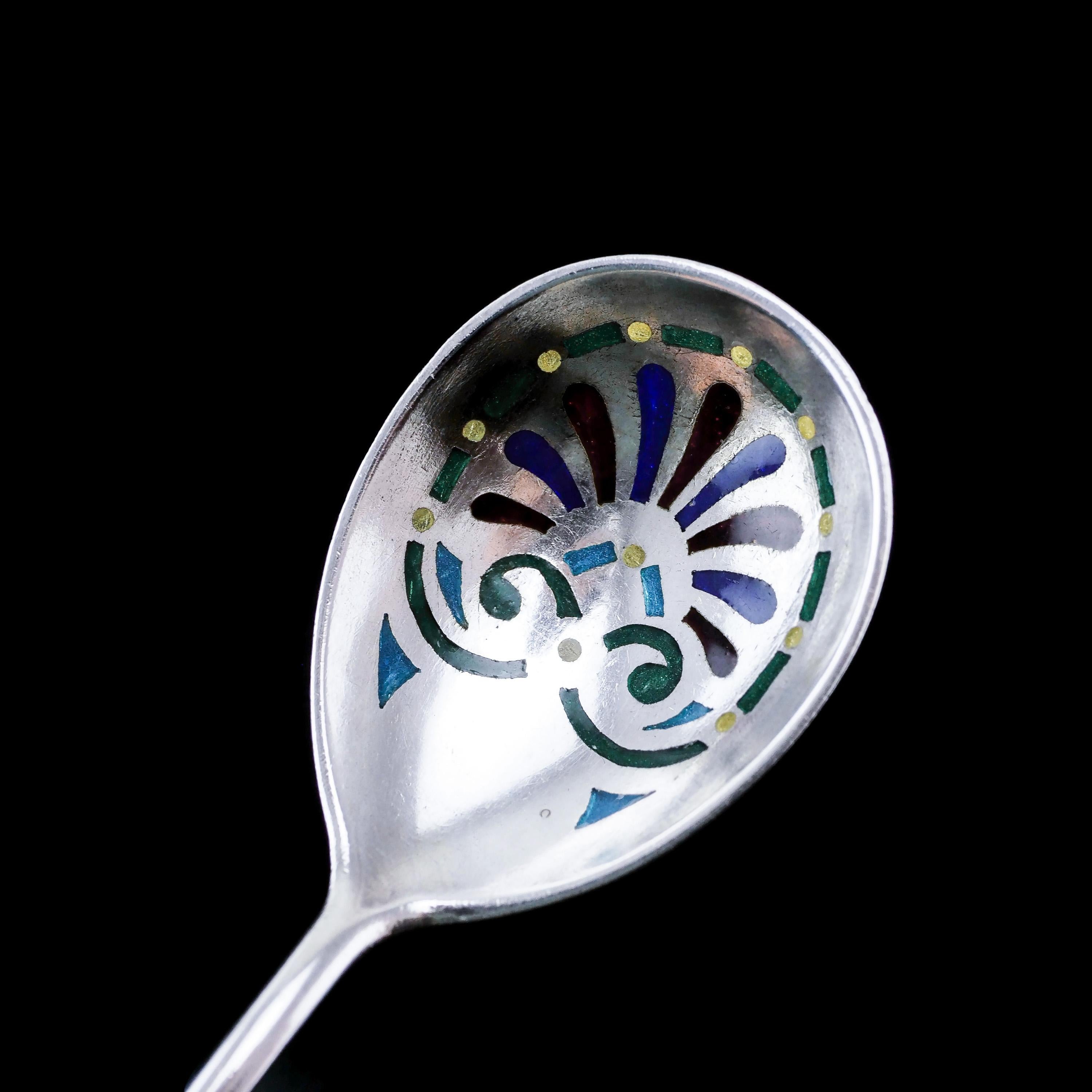 Antique Russian Solid Silver Plique a Jour Champleve Enamel Spoon 2