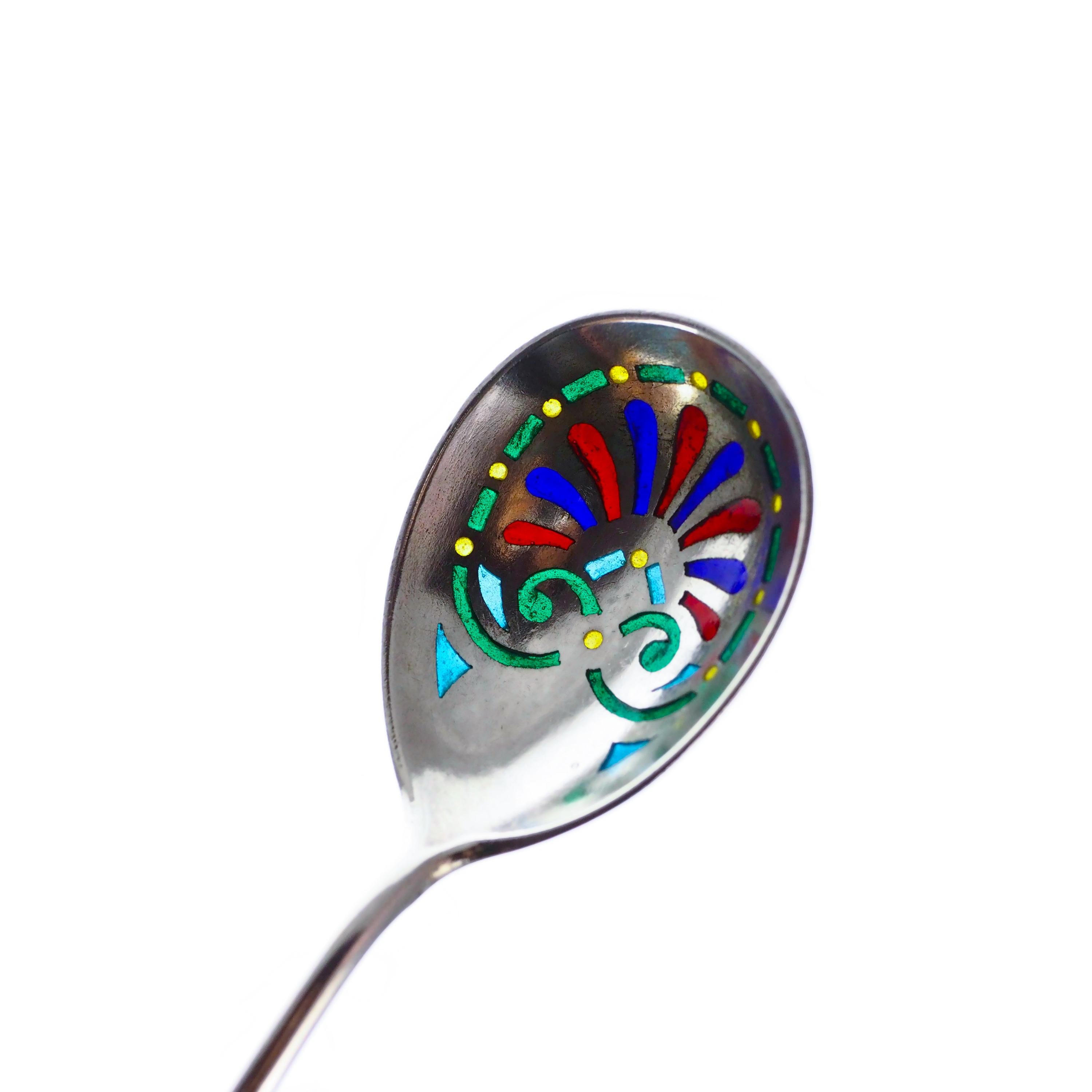 Antique Russian Solid Silver Plique a Jour Champleve Enamel Spoon 3