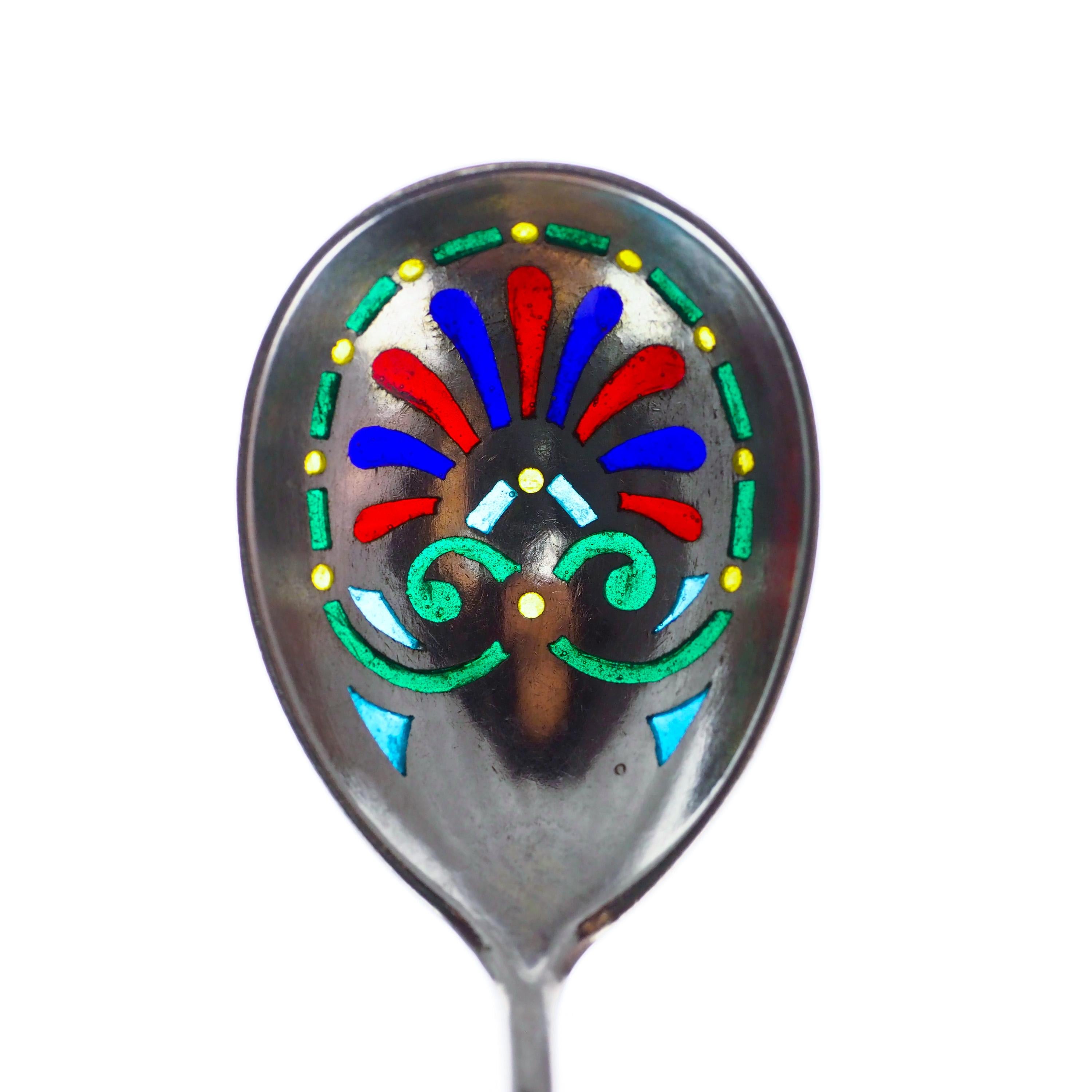 Antique Russian Solid Silver Plique a Jour Champleve Enamel Spoon 5