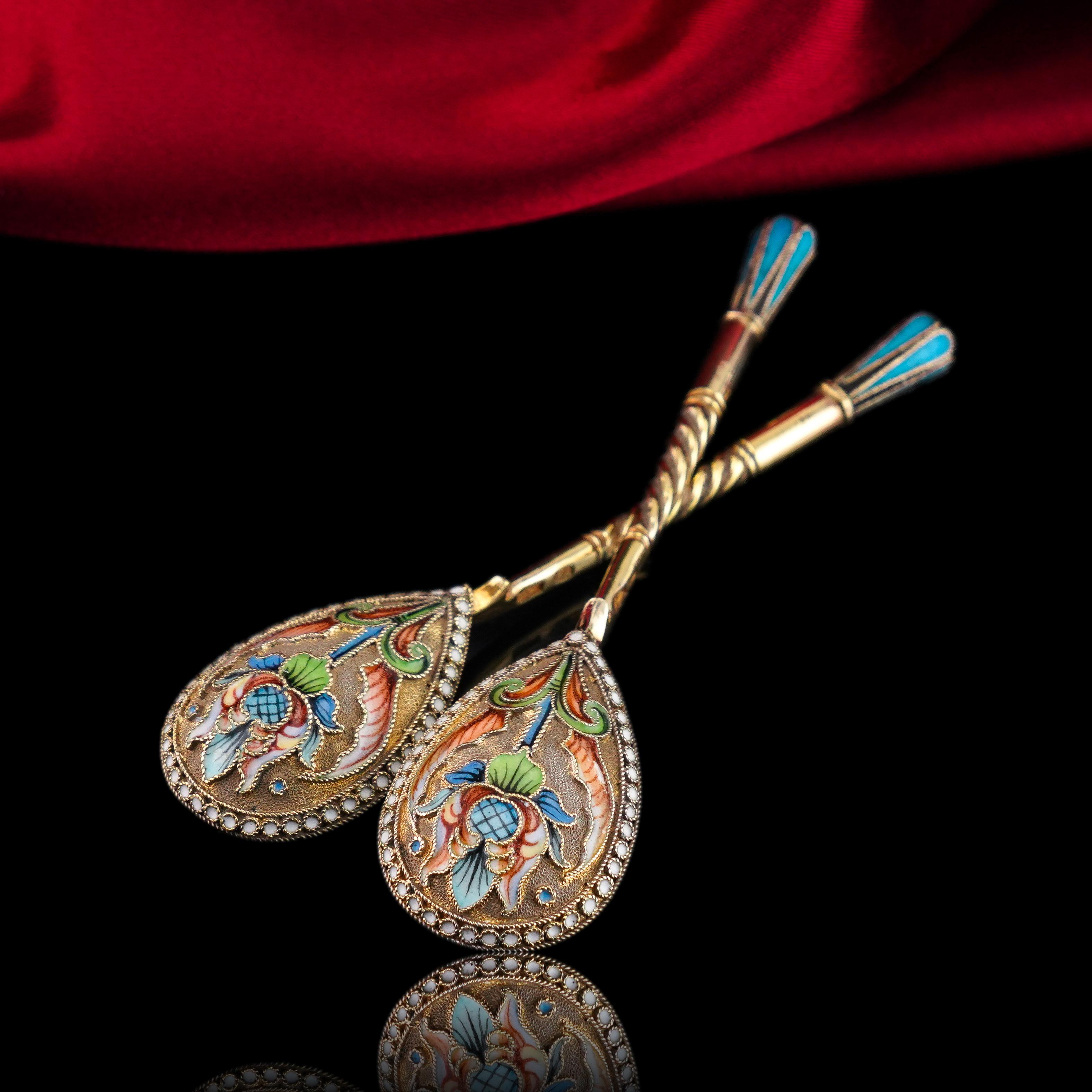 Antike russische Löffel aus massivem Silber Cloisonne-Email Vasily Agafonov um 1910 im Angebot 7