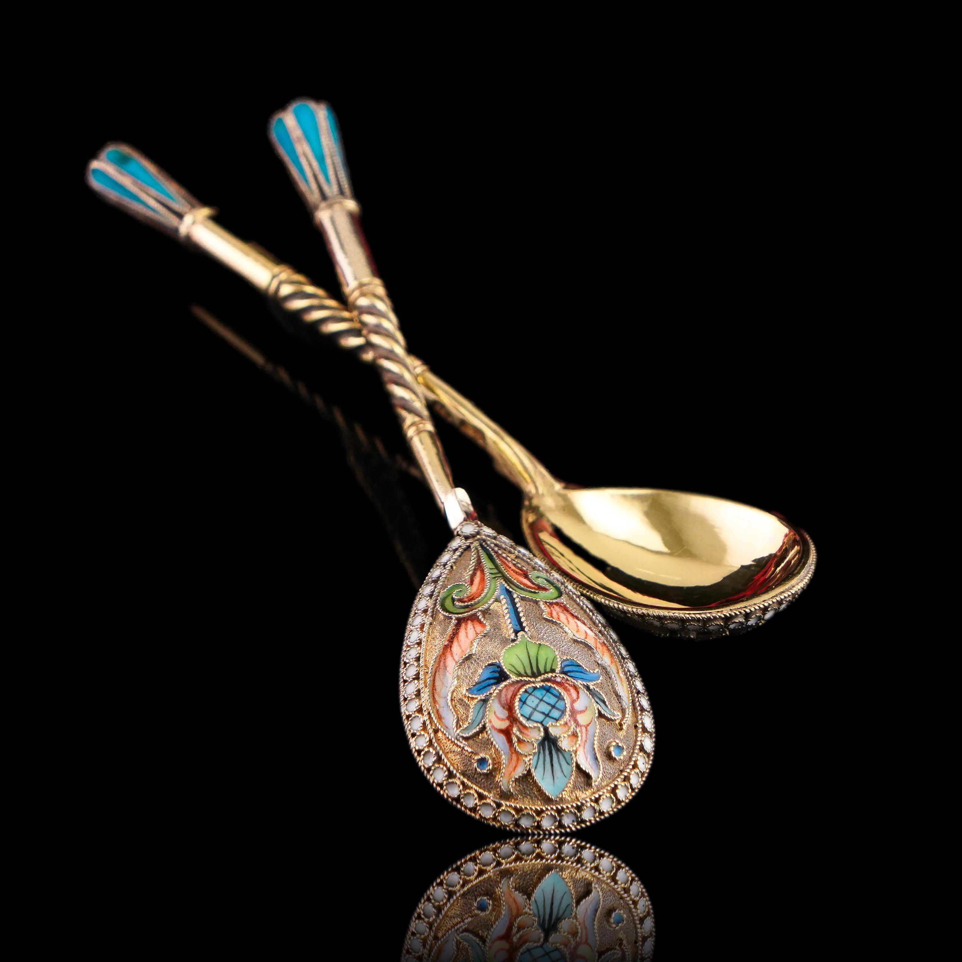 Antike russische Löffel aus massivem Silber Cloisonne-Email Vasily Agafonov um 1910 im Angebot 8