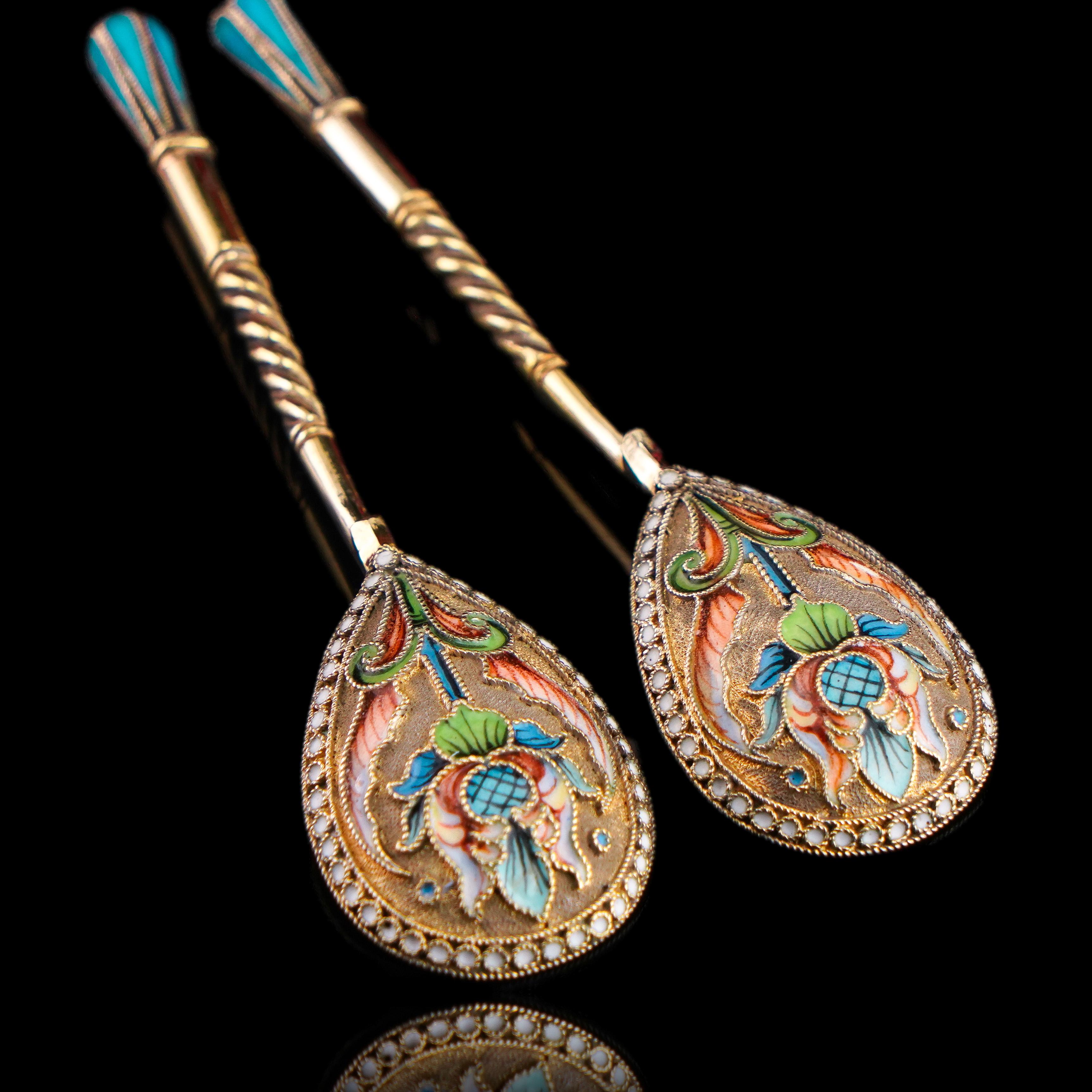 Antike russische Löffel aus massivem Silber Cloisonne-Email Vasily Agafonov um 1910 im Angebot 9