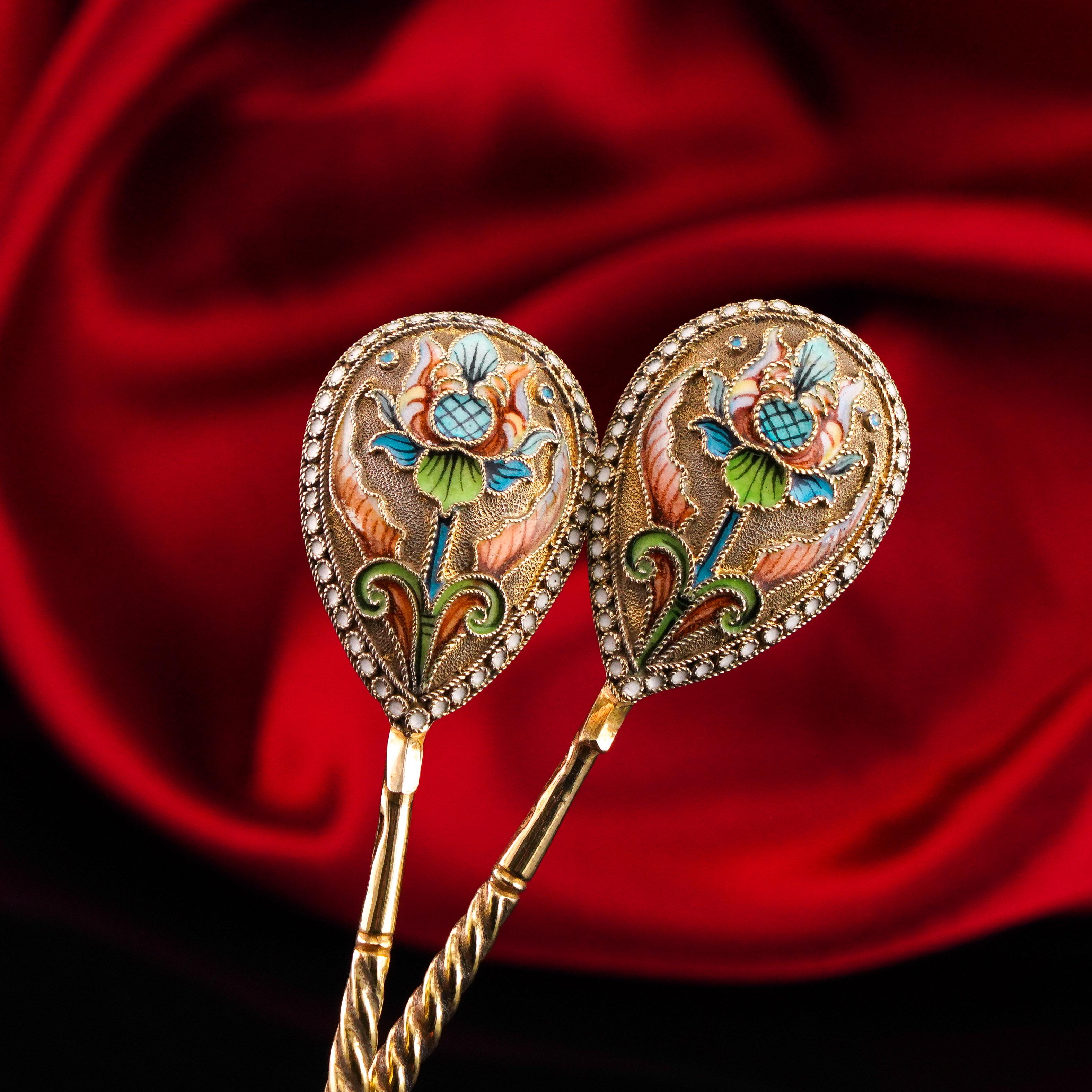 Antike russische Löffel aus massivem Silber Cloisonne-Email Vasily Agafonov um 1910 im Angebot 10