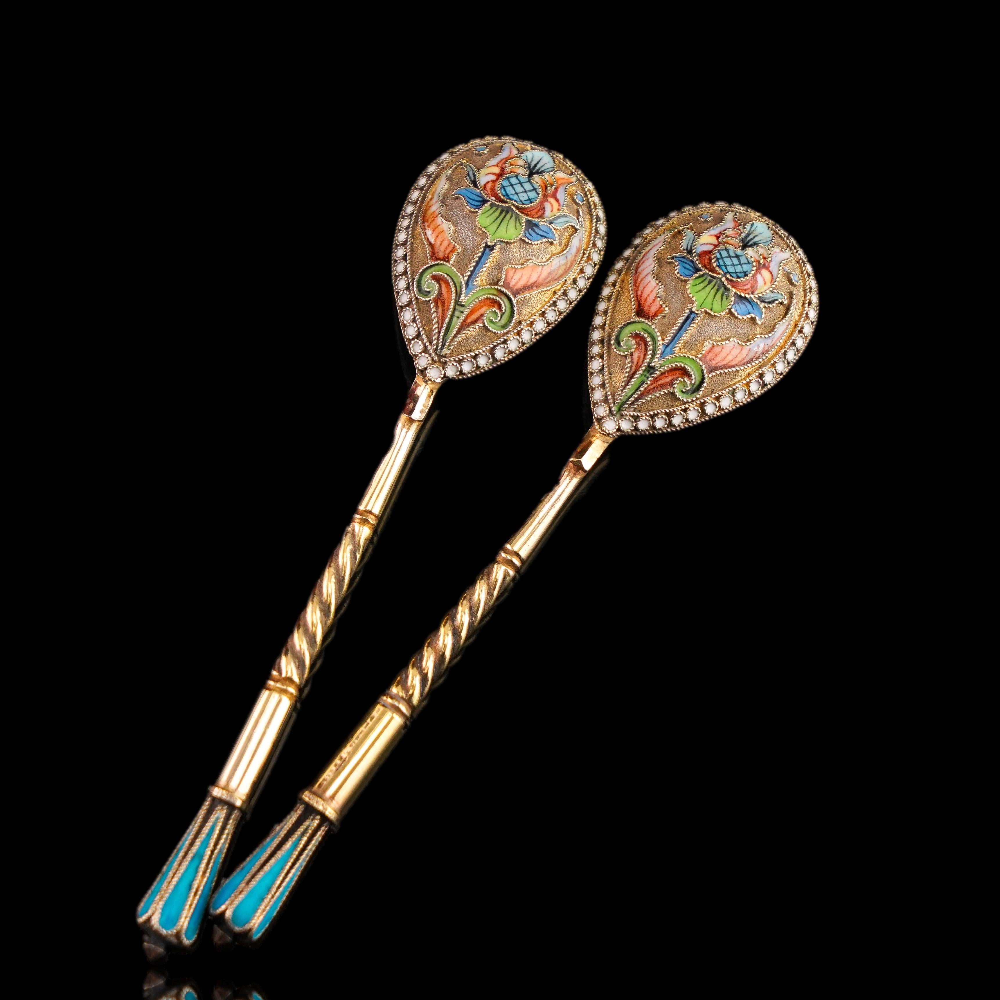 Antike russische Löffel aus massivem Silber Cloisonne-Email Vasily Agafonov um 1910 im Angebot 12