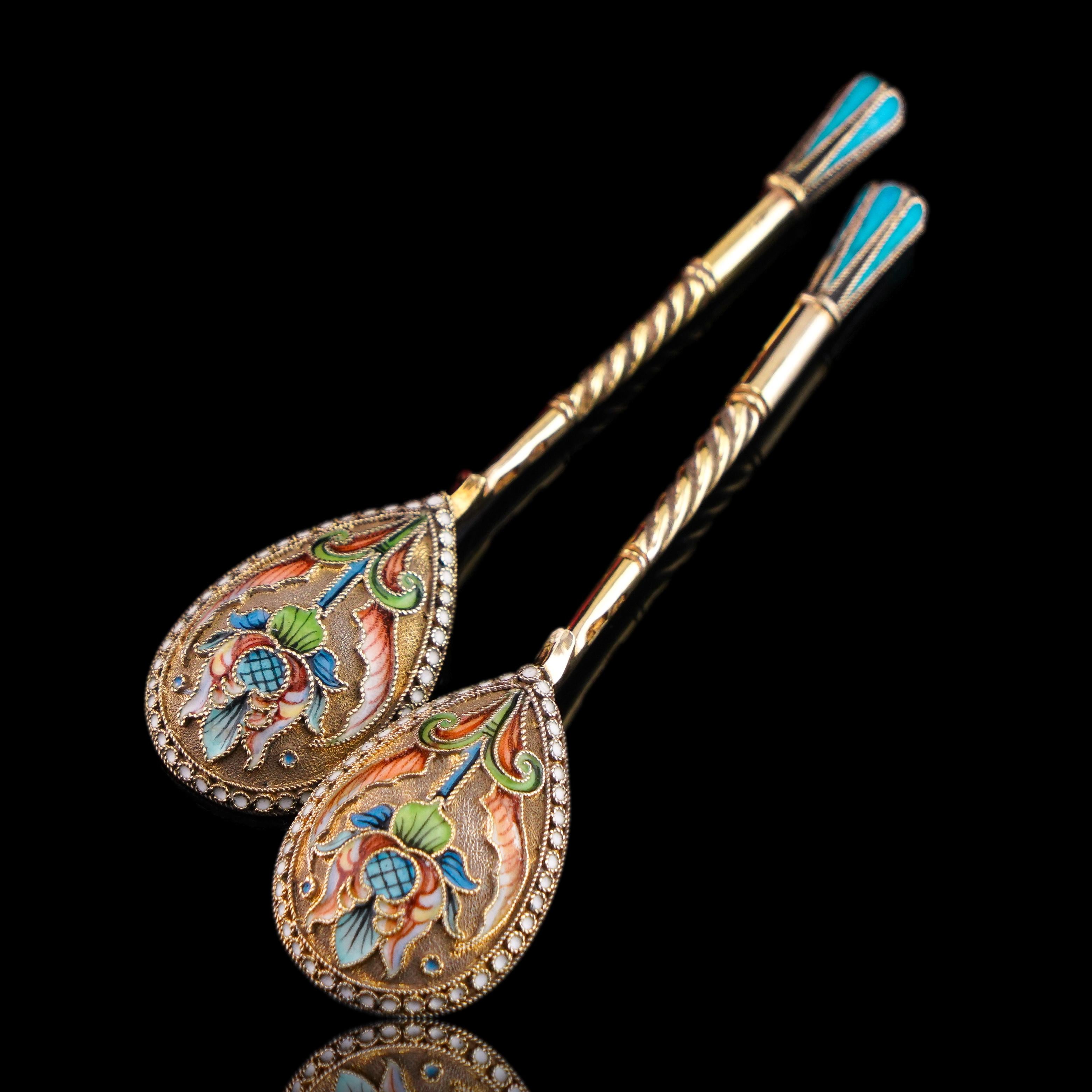 Antike russische Löffel aus massivem Silber Cloisonne-Email Vasily Agafonov um 1910 im Angebot 13