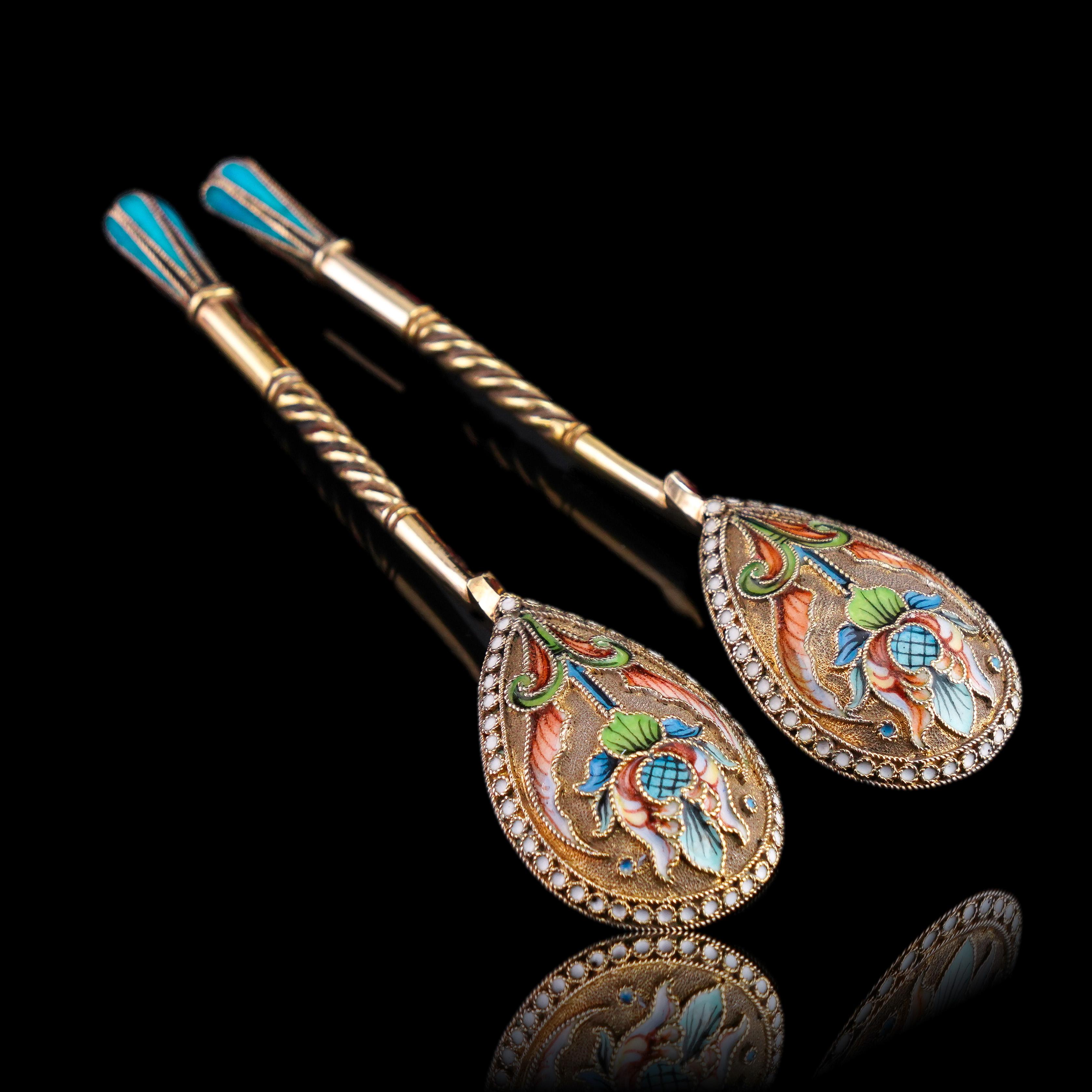 Antike russische Löffel aus massivem Silber Cloisonne-Email Vasily Agafonov um 1910 im Angebot 14