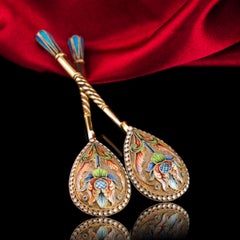 Antique Russian Solid Silver Spoons Cloisonne Enamel Vasily Agafonov c.1910
