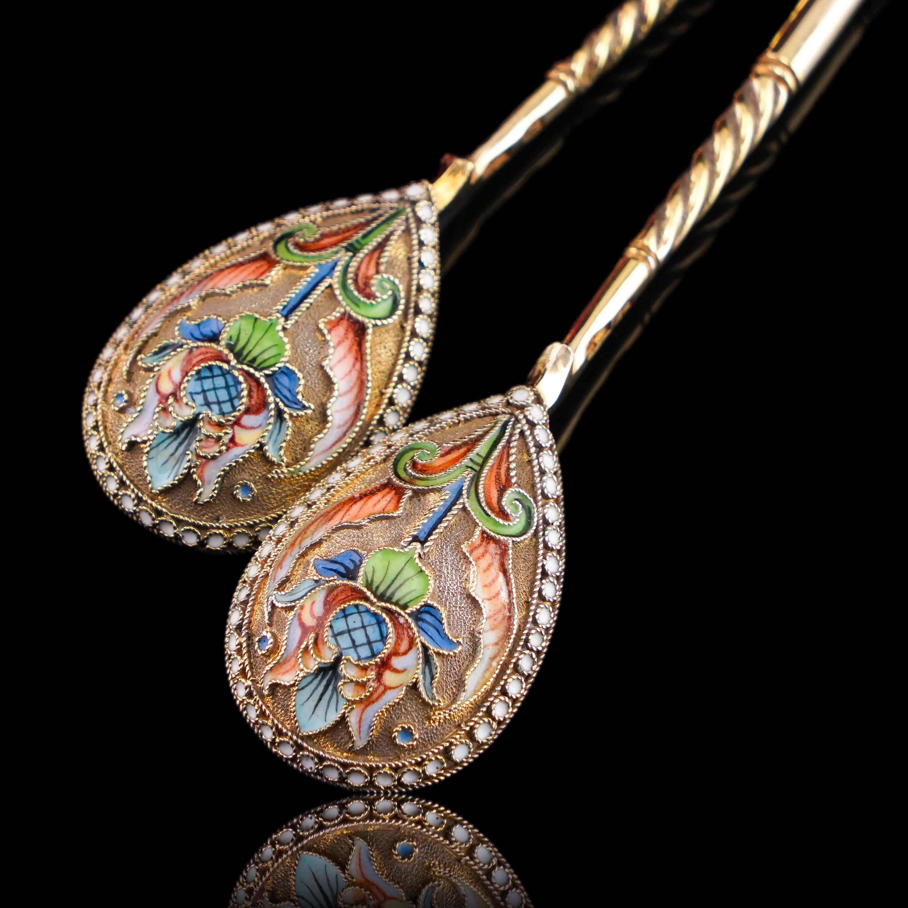 Antike russische Löffel aus massivem Silber Cloisonne-Email Vasily Agafonov um 1910 (20. Jahrhundert) im Angebot