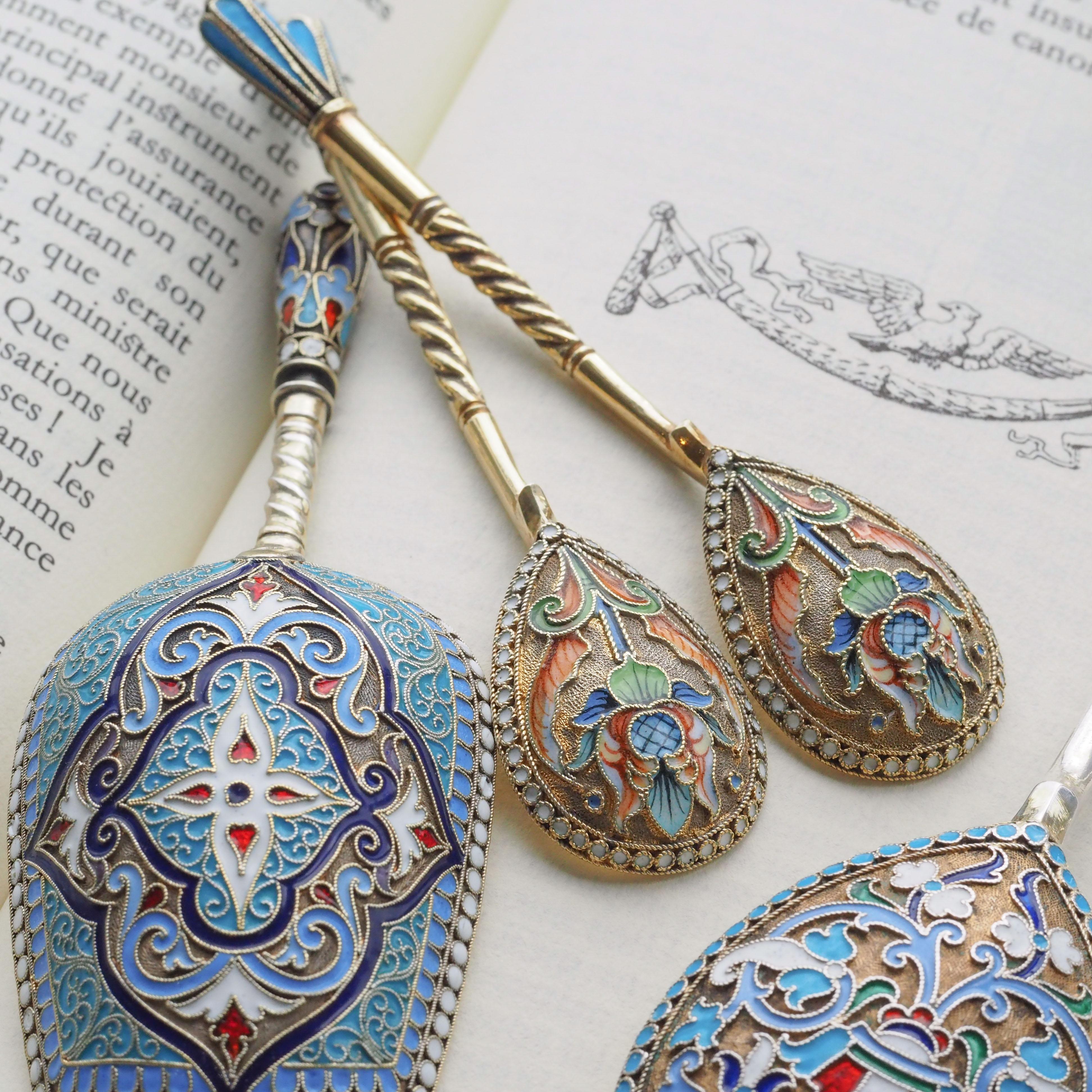 Antike russische Löffel aus massivem Silber Cloisonne-Email Vasily Agafonov um 1910 im Angebot 2