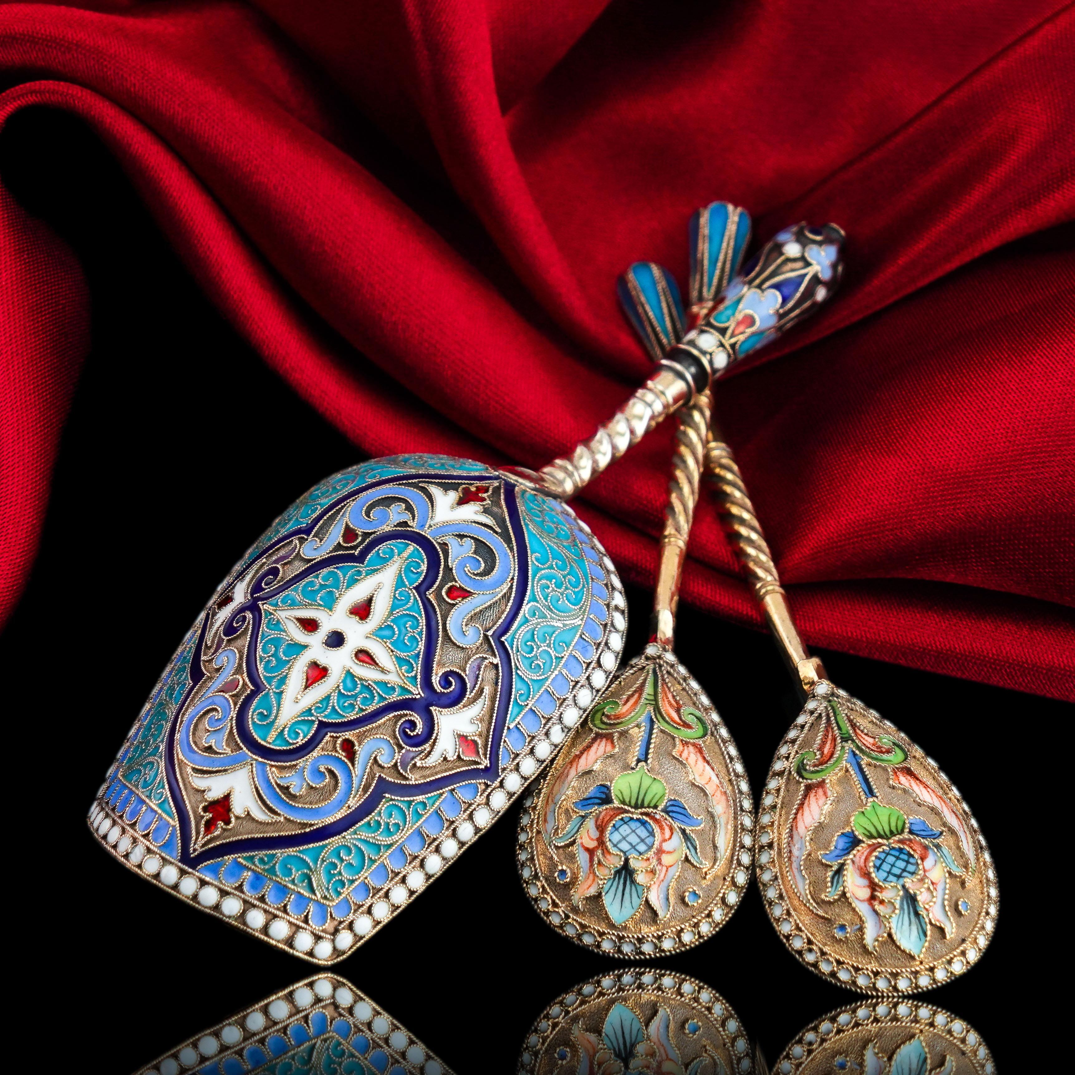 Antike russische Löffel aus massivem Silber Cloisonne-Email Vasily Agafonov um 1910 im Angebot 3