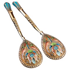 Antique Russian Solid Silver Spoons Cloisonne Enamel Vasily Agafonov c.1910
