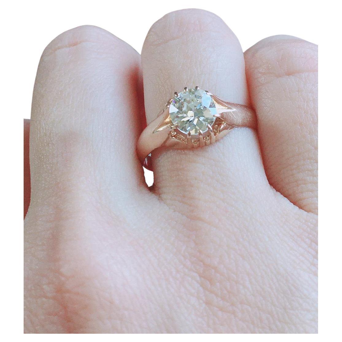 Antique 1880s Old Mine Cut Diamond Russian Gold Solitaire Ring For Sale 1