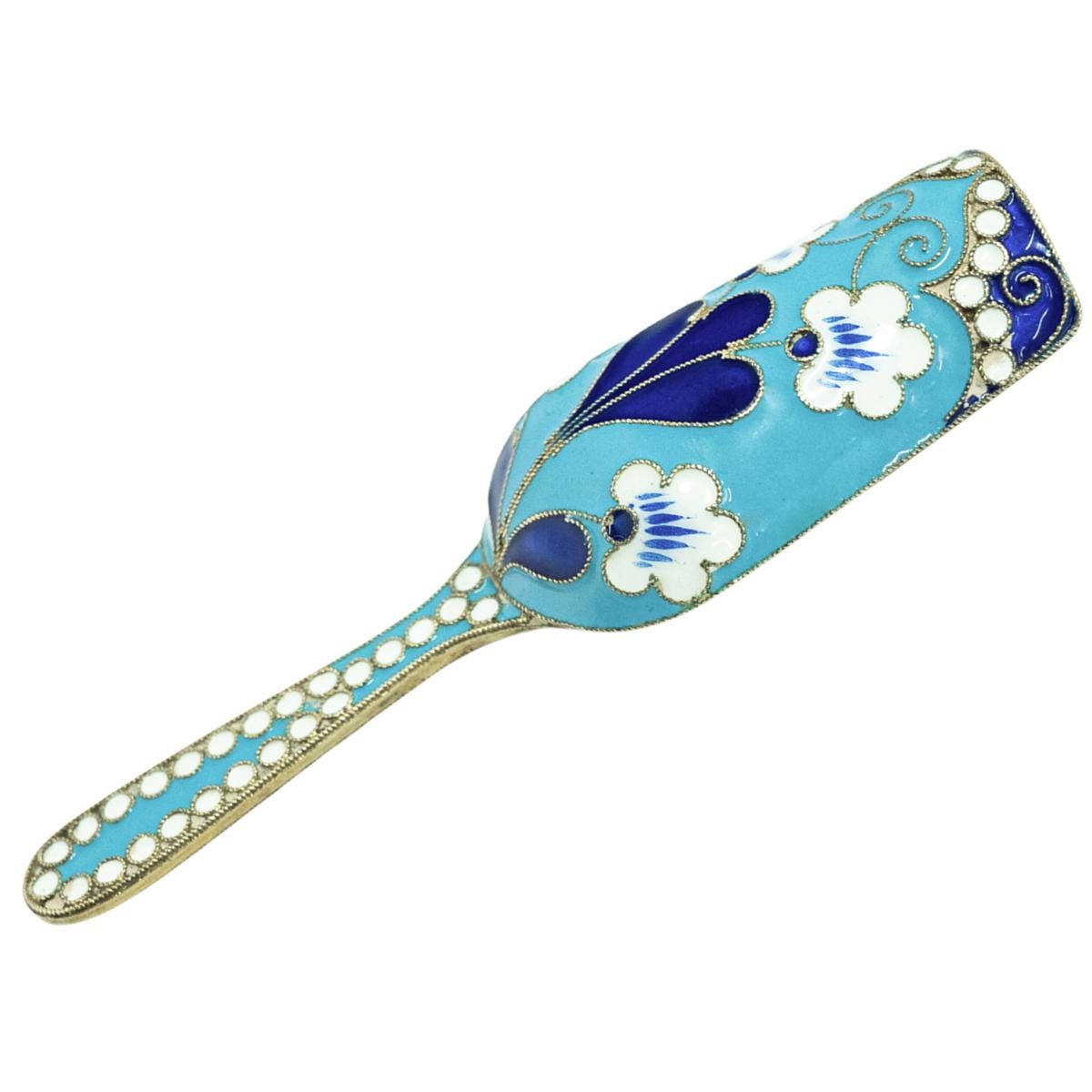 Mid-Century Modern Antique Russian Soviet Era Silver Gilt Cloisonne Enamel Tea Caddy Spoon Moscow For Sale