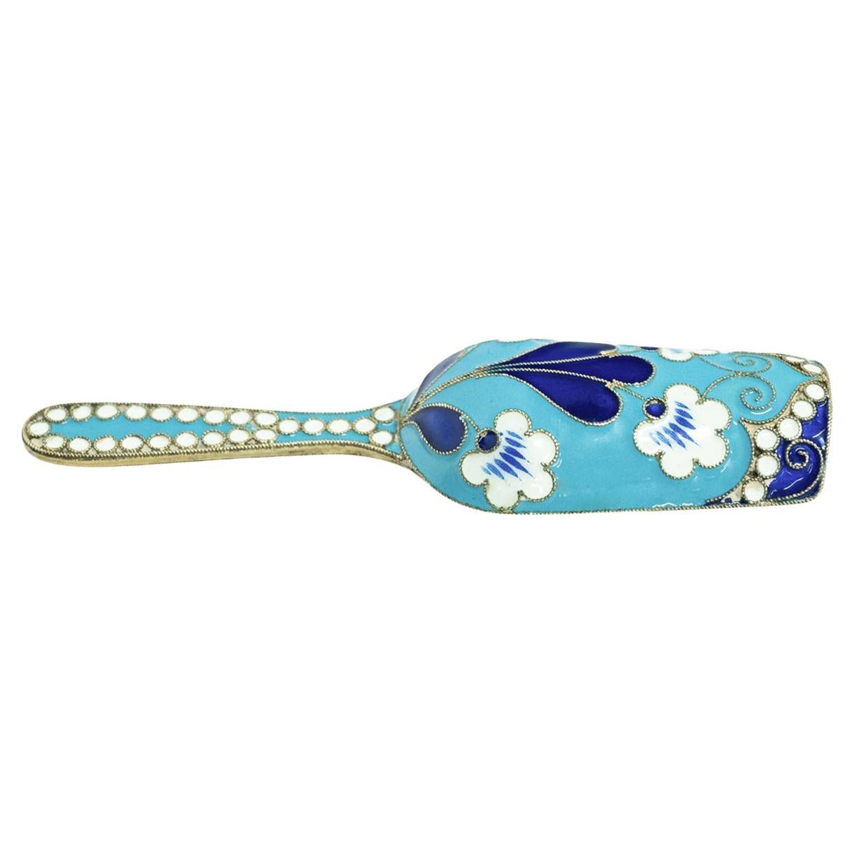 Cloissoné Antique Russian Soviet Era Silver Gilt Cloisonne Enamel Tea Caddy Spoon Moscow For Sale