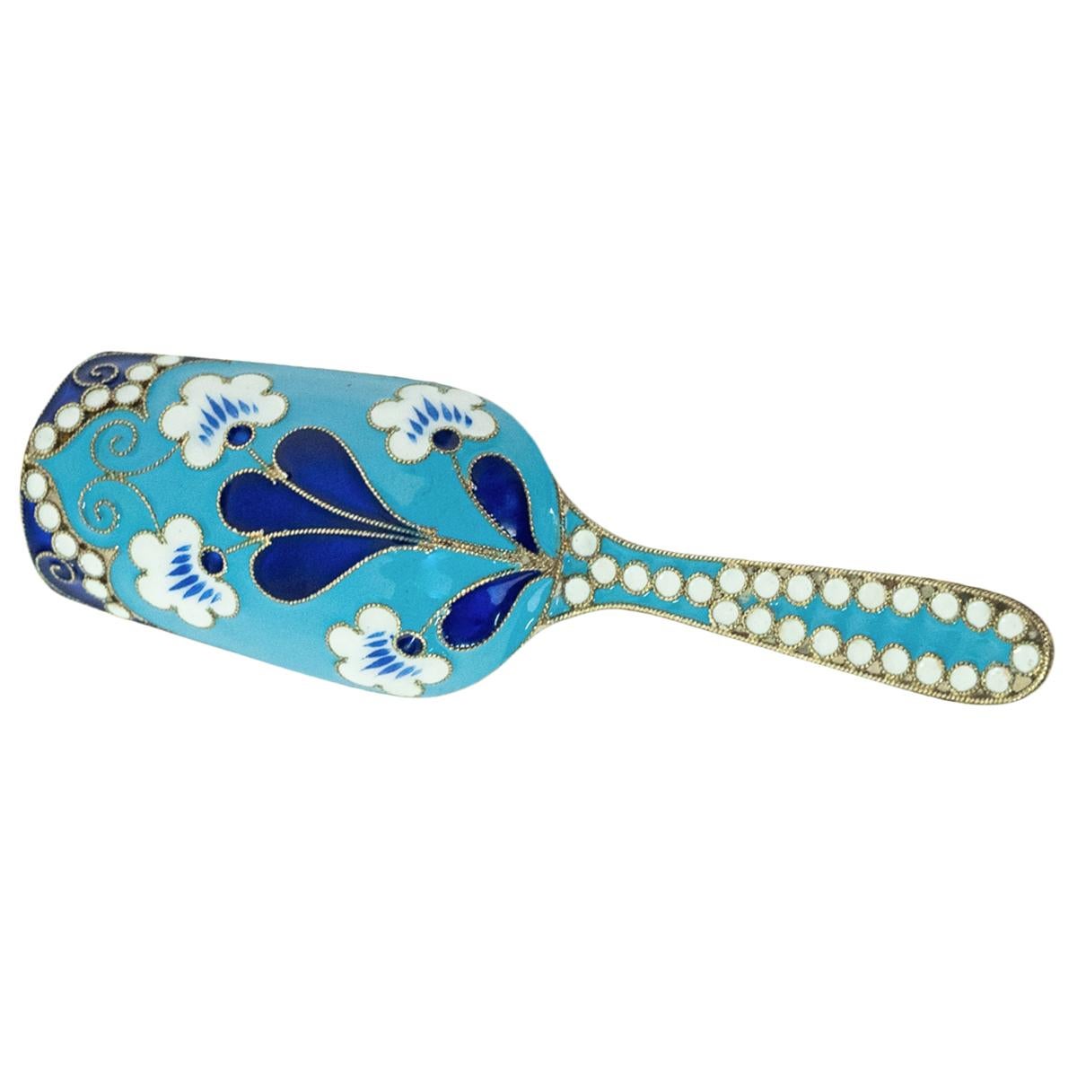 20th Century Antique Russian Soviet Era Silver Gilt Cloisonne Enamel Tea Caddy Spoon Moscow For Sale