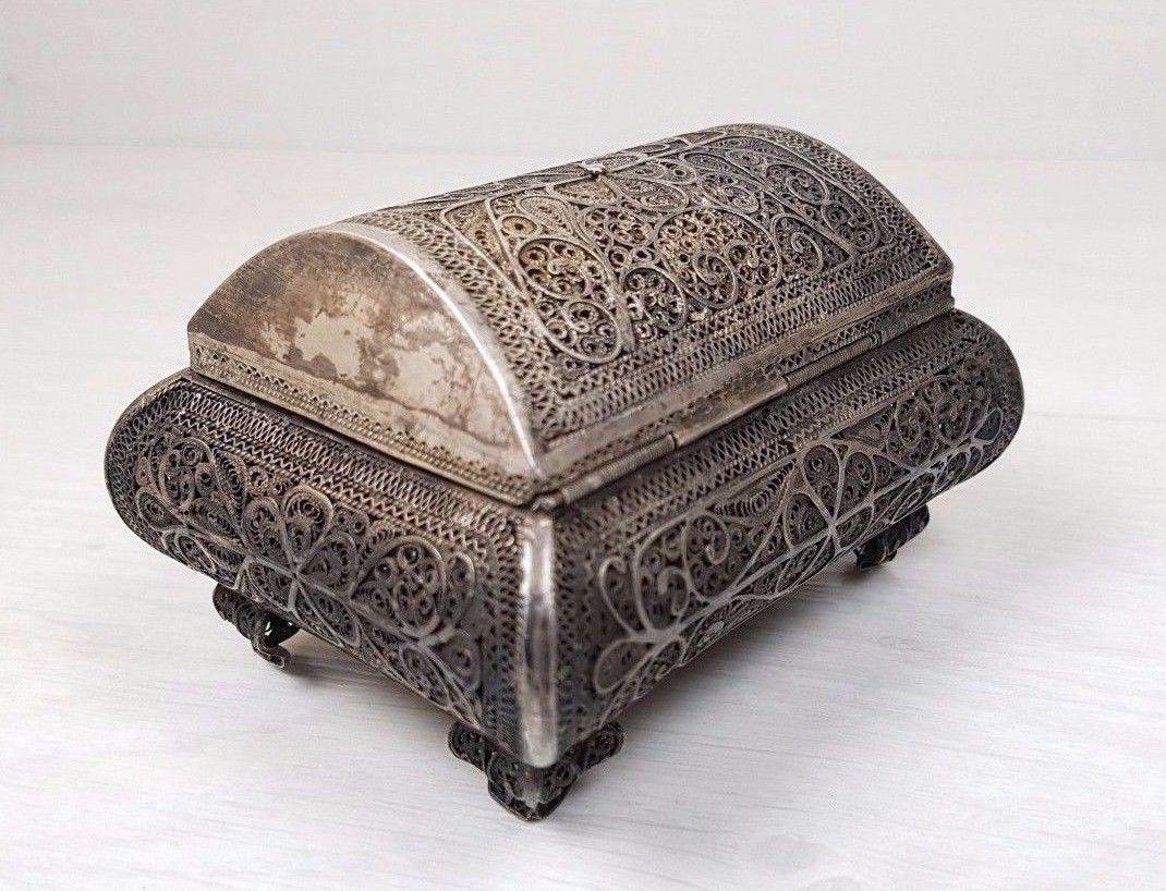 Victorian Antique Russian Sterling Silver Filigree Handmade Trinket Box Chest, 1850-1899