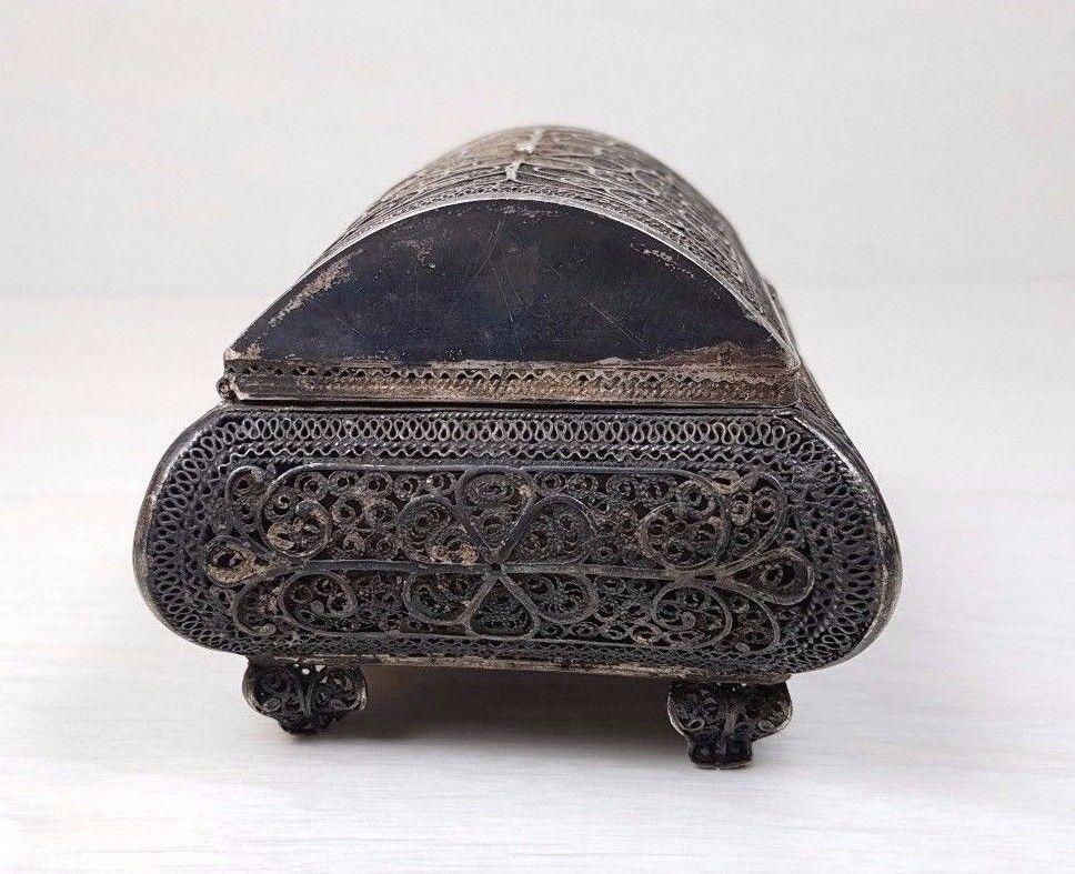 Antique Russian Sterling Silver Filigree Handmade Trinket Box Chest, 1850-1899 In Good Condition In Sofia, BG