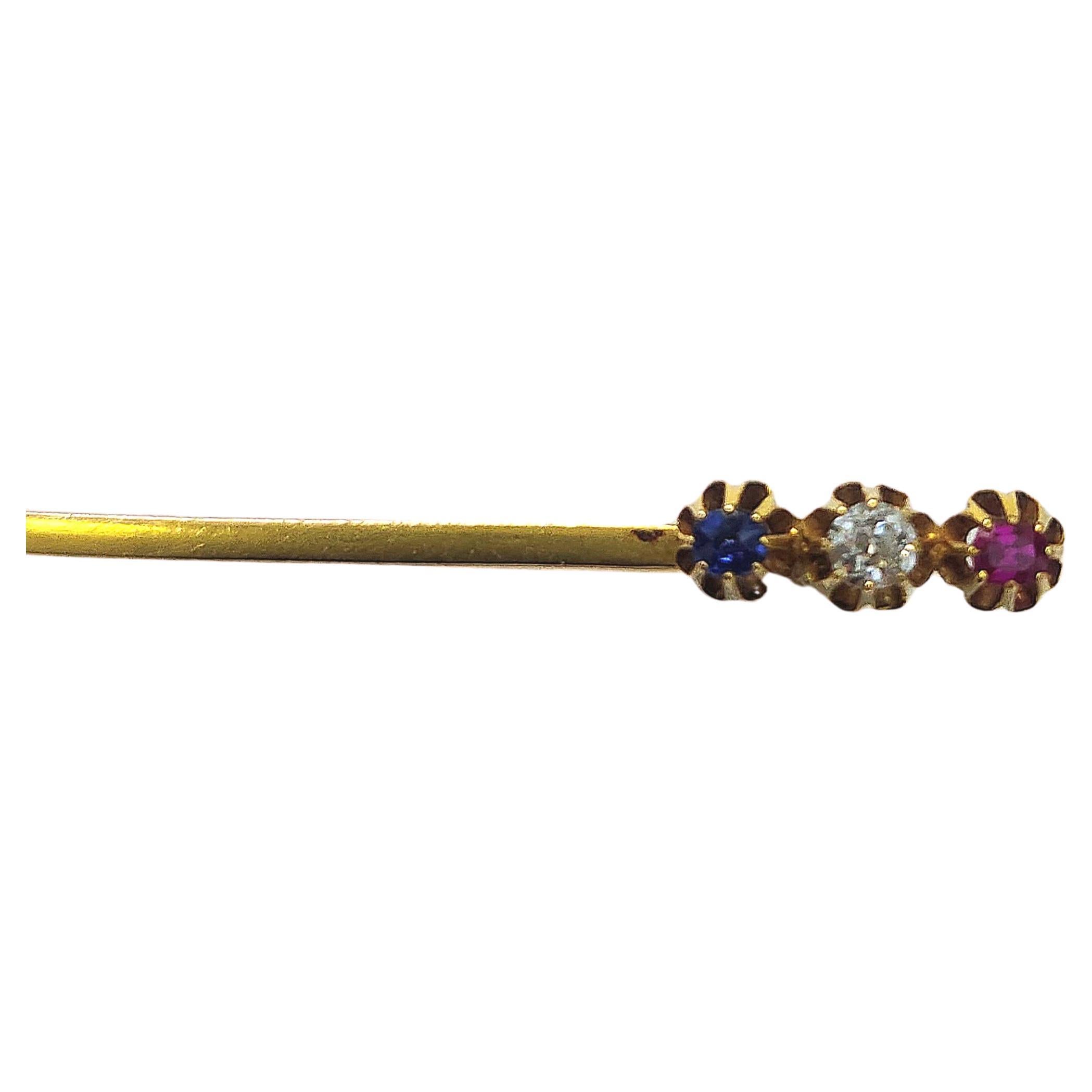 Antique pin with 3 natural gem stones ruby sapphire and old mine cut diamond pin was made during the late imperial russian era 1917/1920s in 14k gold hall marked 583 gold standard and assay mark 