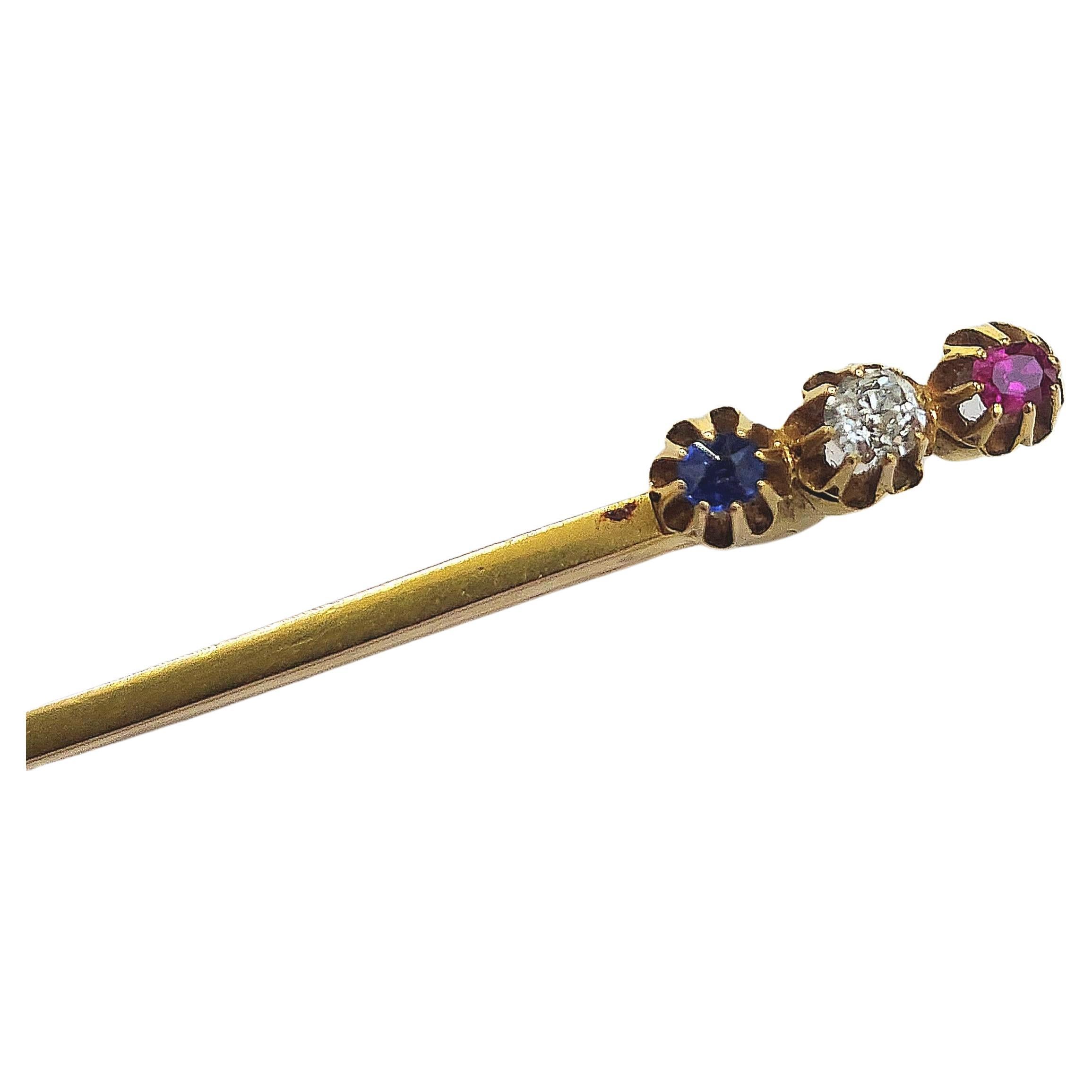 Antique Russian Ruby Diamond Sapphire Stick Pin Brooch In Good Condition For Sale In Cairo, EG