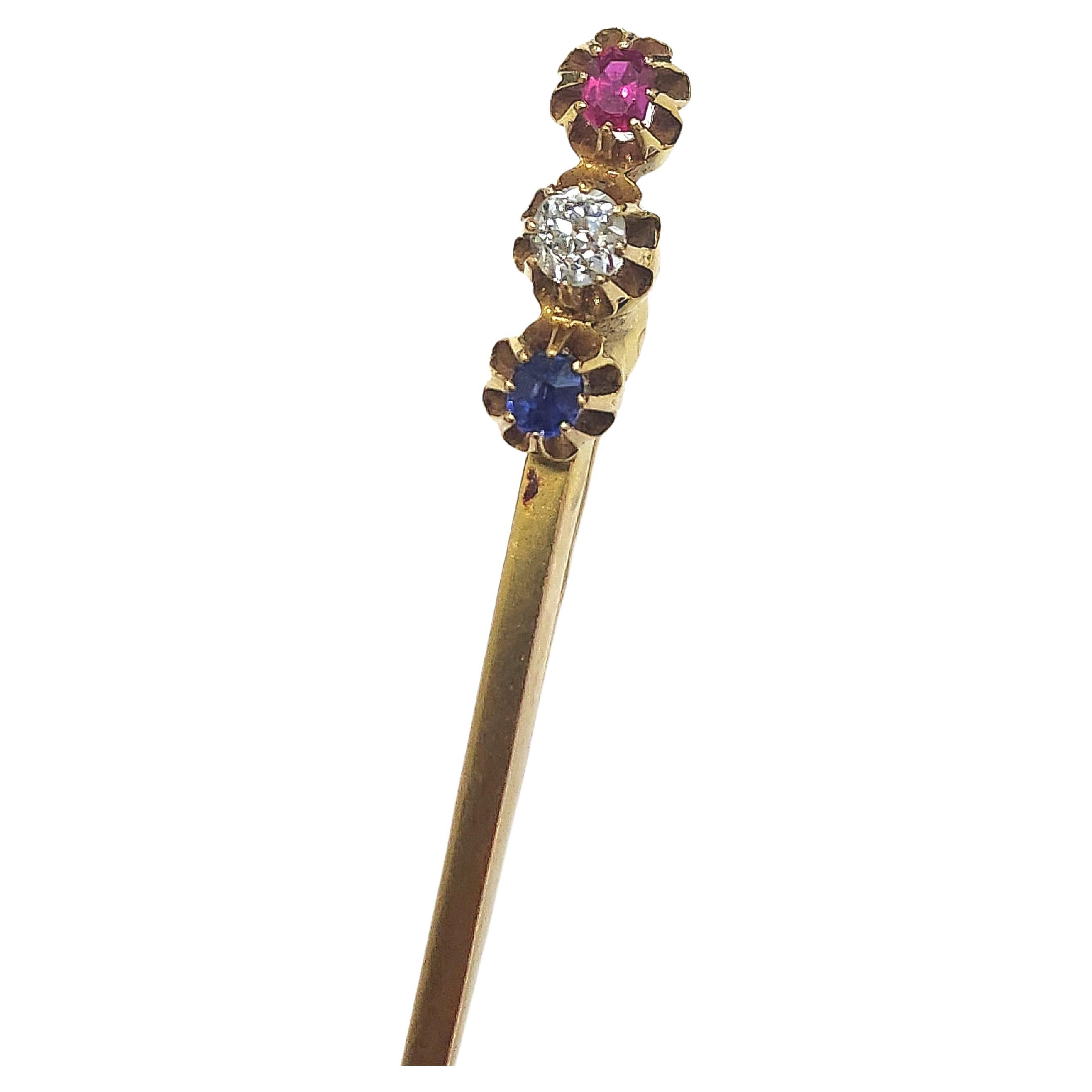 Antique Russian Ruby Diamond Sapphire Stick Pin Brooch For Sale