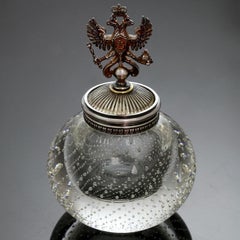 Russian Imperial Antique Double Eagle Sterling Silver Glass Inkwell Marked JR