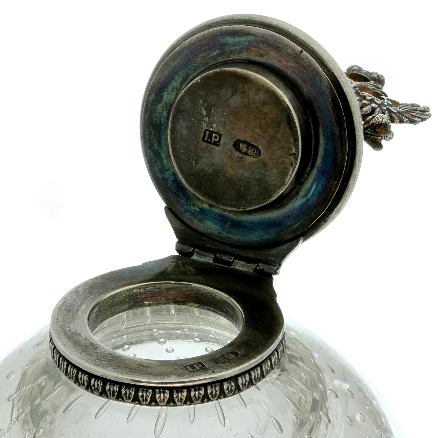Victorian  Russian Imperial Antique Double Eagle Sterling Silver Glass Inkwell Marked JR  For Sale