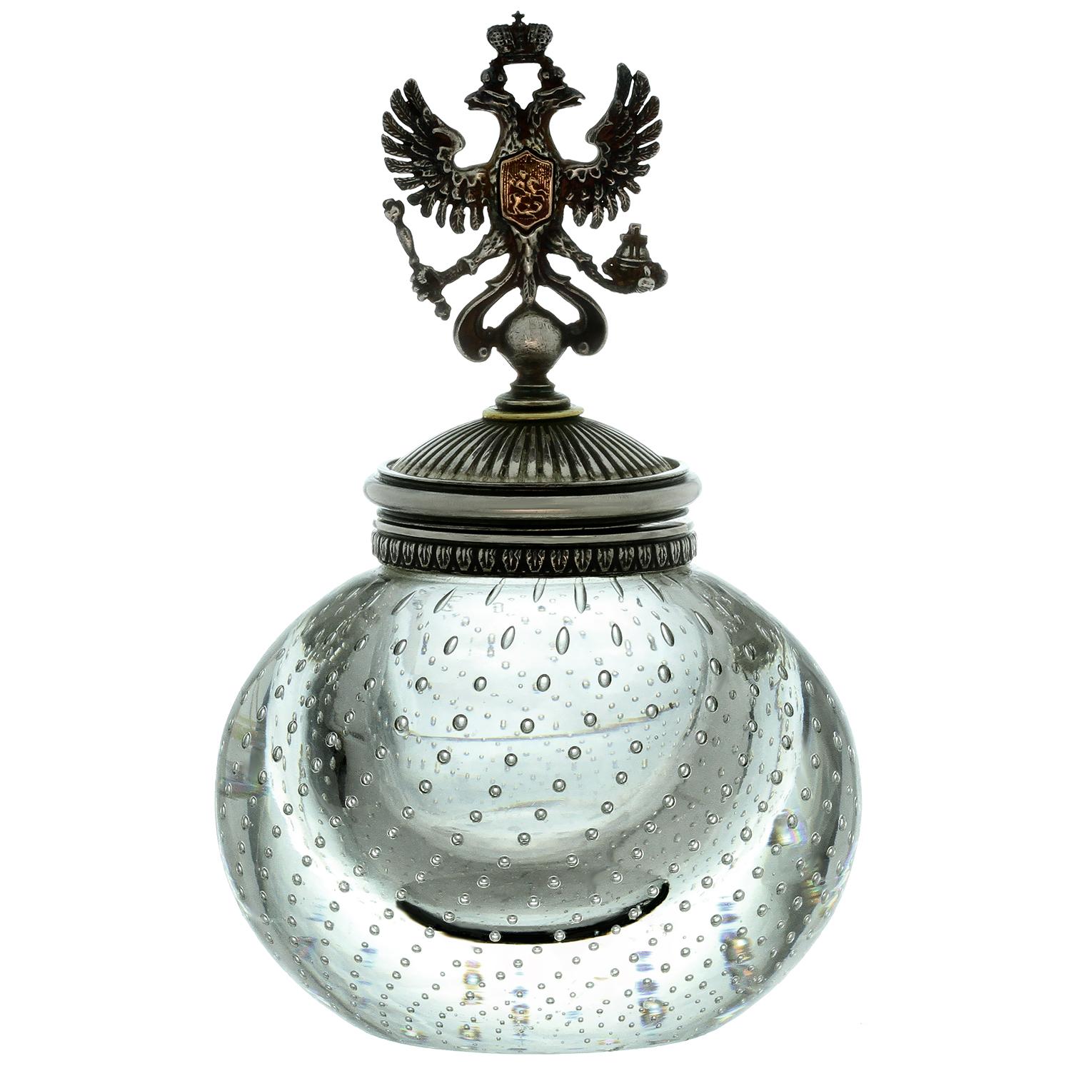  Russian Imperial Antique Double Eagle Sterling Silver Glass Inkwell Marked JR  For Sale