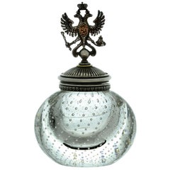  Russian Imperial Antique Double Eagle Sterling Silver Glass Inkwell Marked JR 