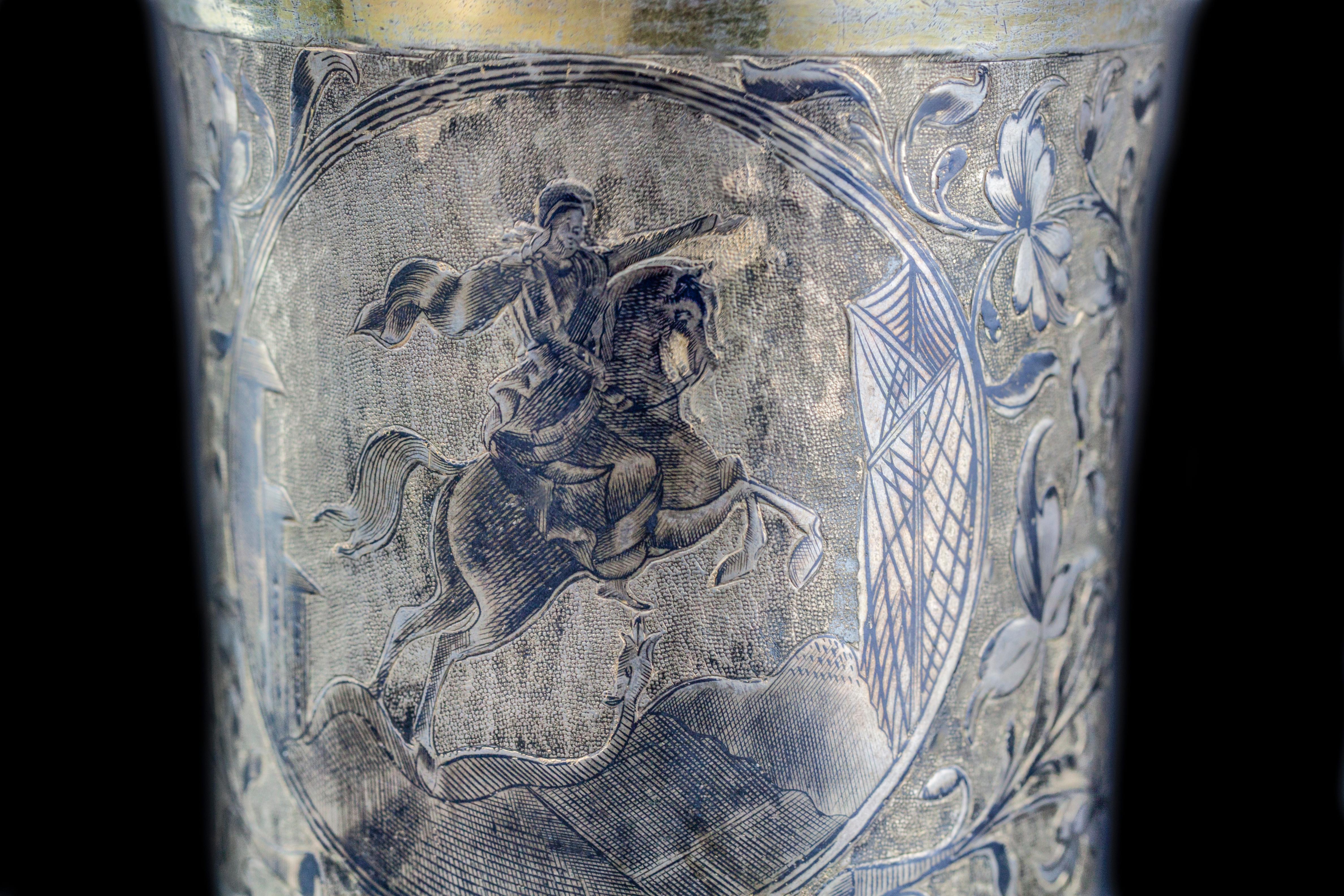 19th Century Antique Russian Tankard with Peter the Great on a Horse Scenery For Sale