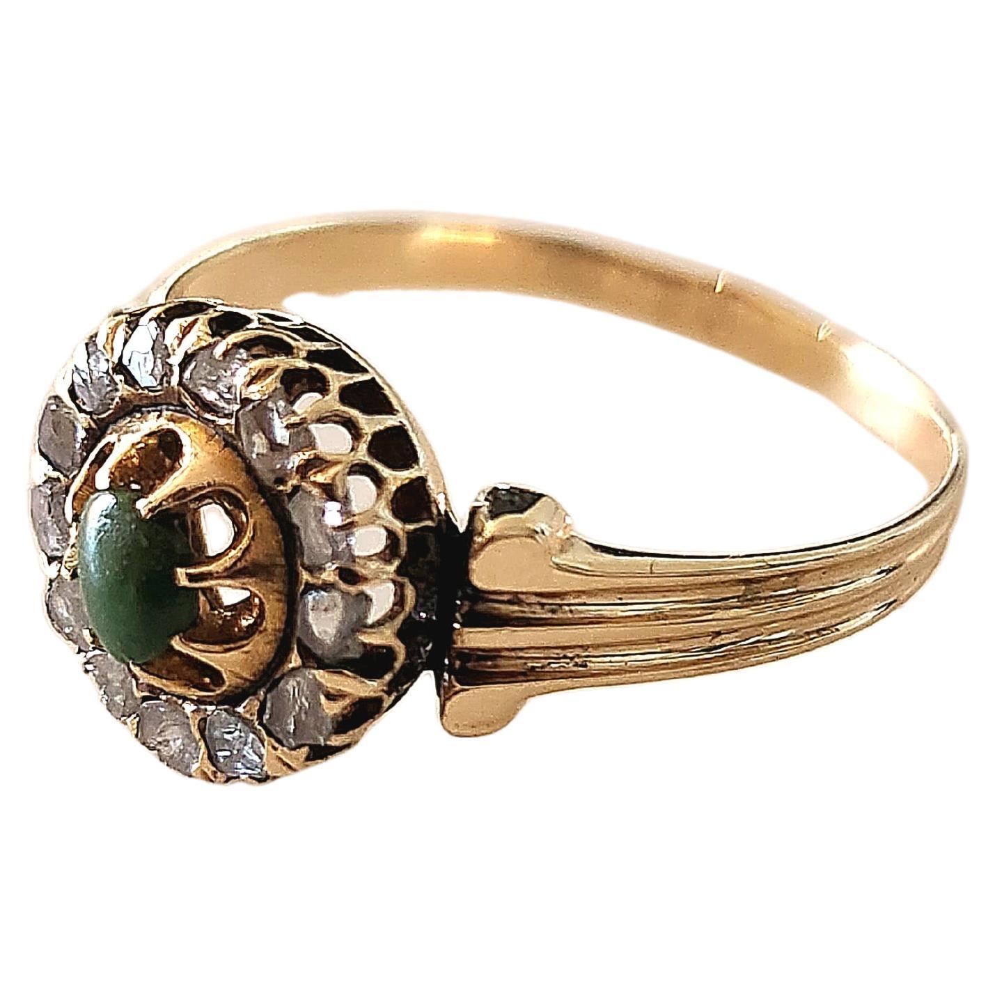 Antique imperial russian era 1880s 14k gold ring centered with green apple terqouise color flanked with rose cut diamonds made in st petersburg  hall marked 56 imperial russian gold standard and st petersburg assay mark