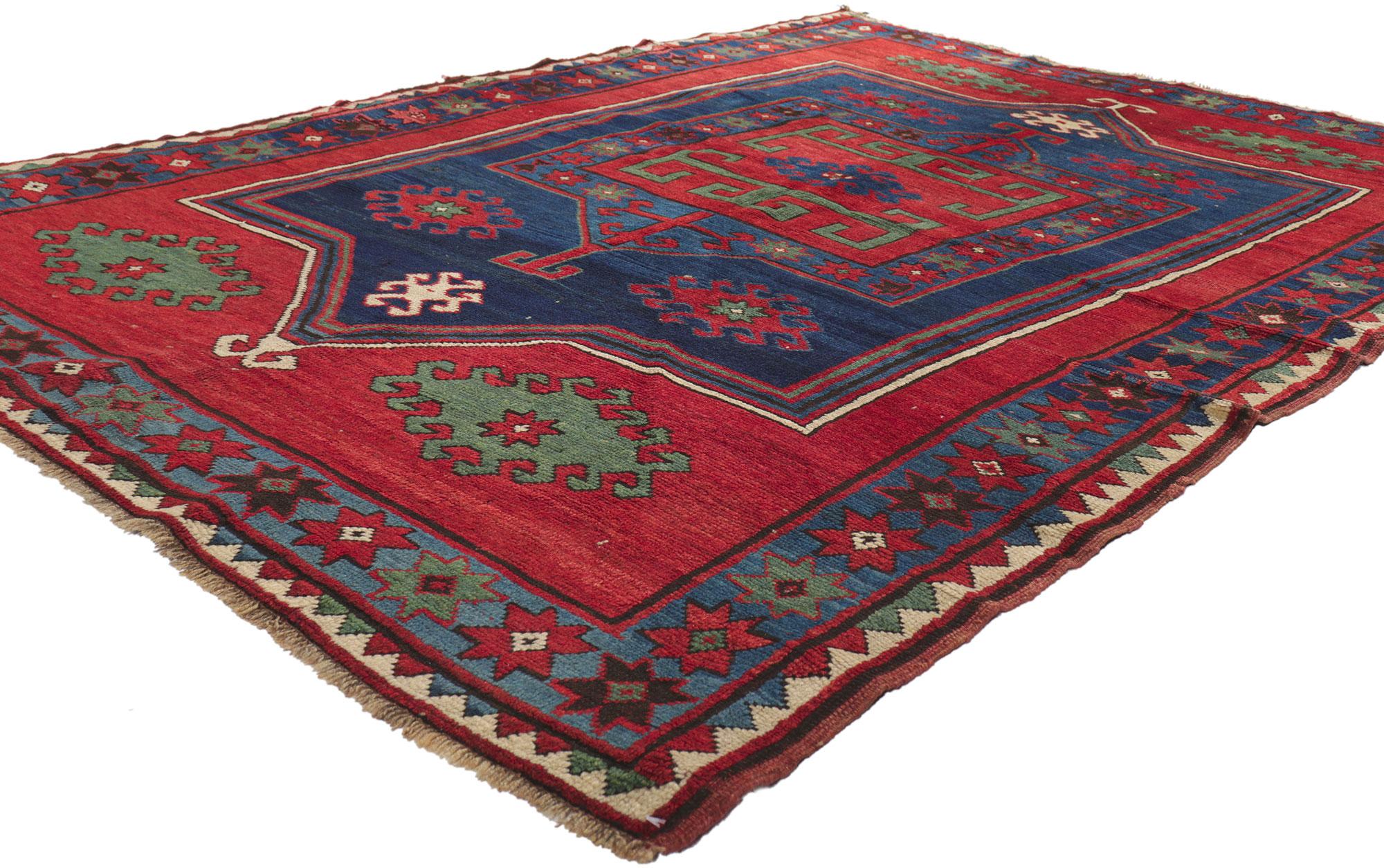 73293 Antique Red Caucasian Kazak Rug, 05'00 x 06'11. Caucasian Kazak rugs are handwoven carpets originating from the Caucasus region, particularly among the Kazakh people. Known for their bold geometric patterns, vibrant colors like red, blue, and