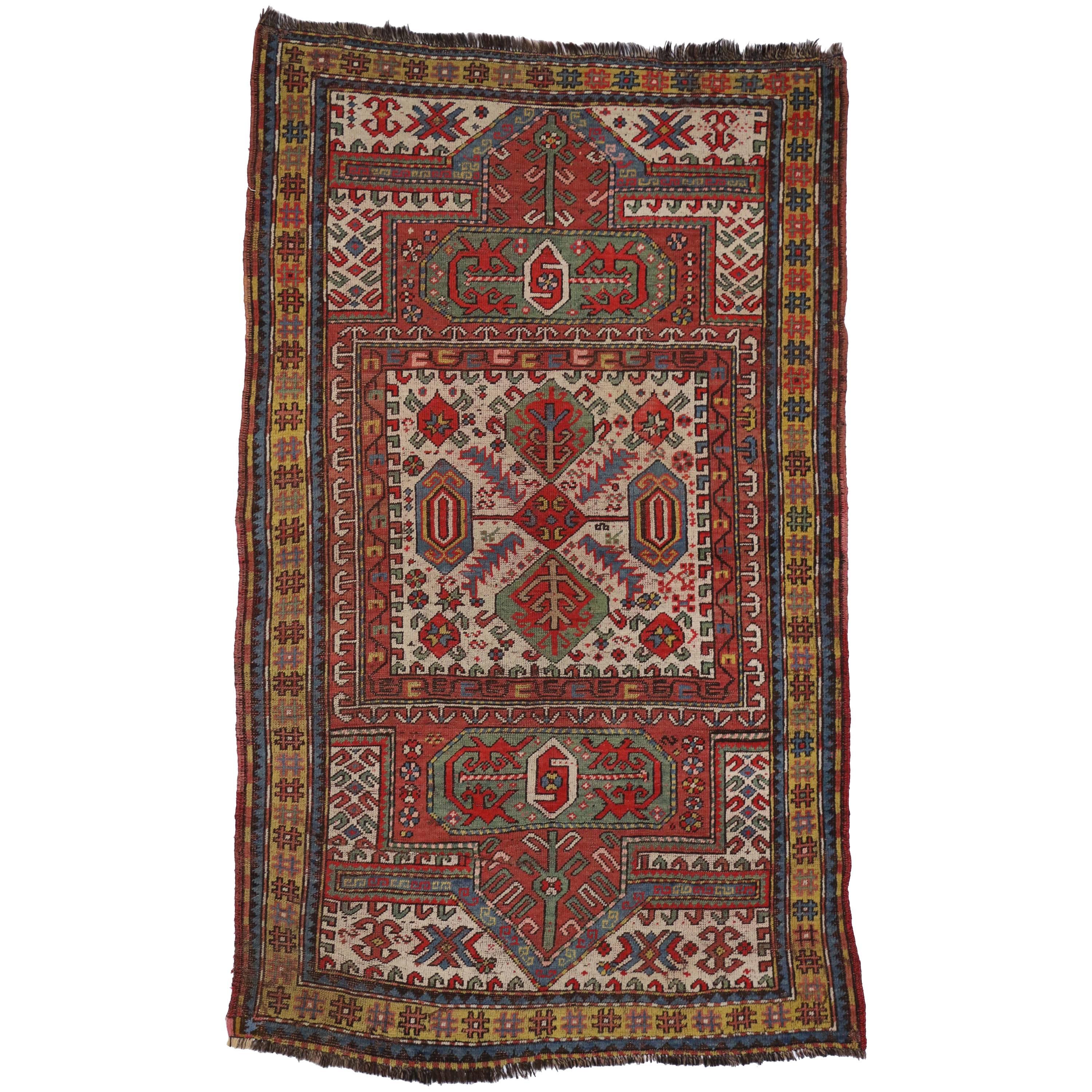 Antique Caucasian Tribal Kazak Prayer Rug with Compartment Design, Caucasian Rug