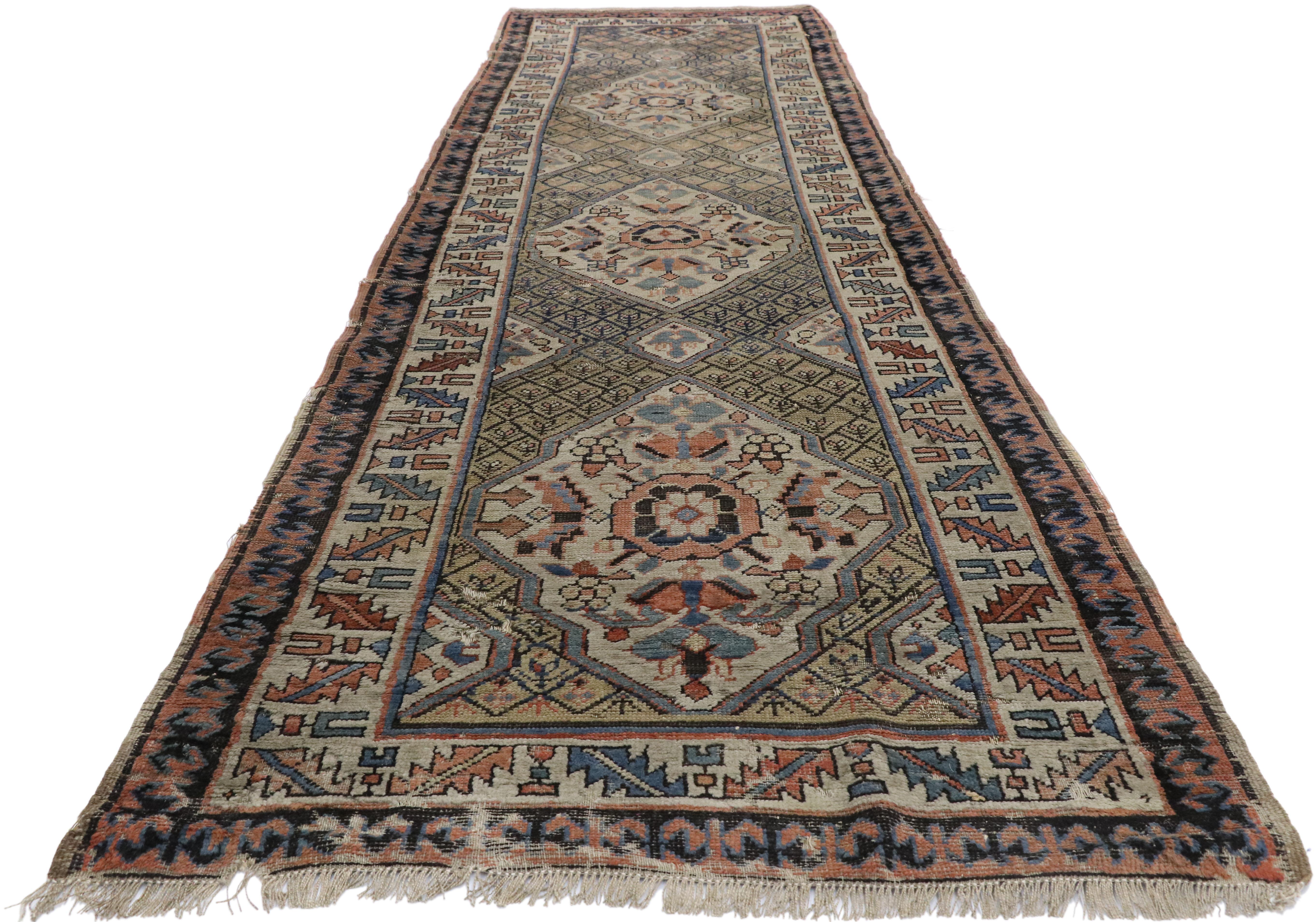 Hand-Knotted Distressed Antique Russian Tribal Kazak Rug, Caucasian Hallway Runner For Sale