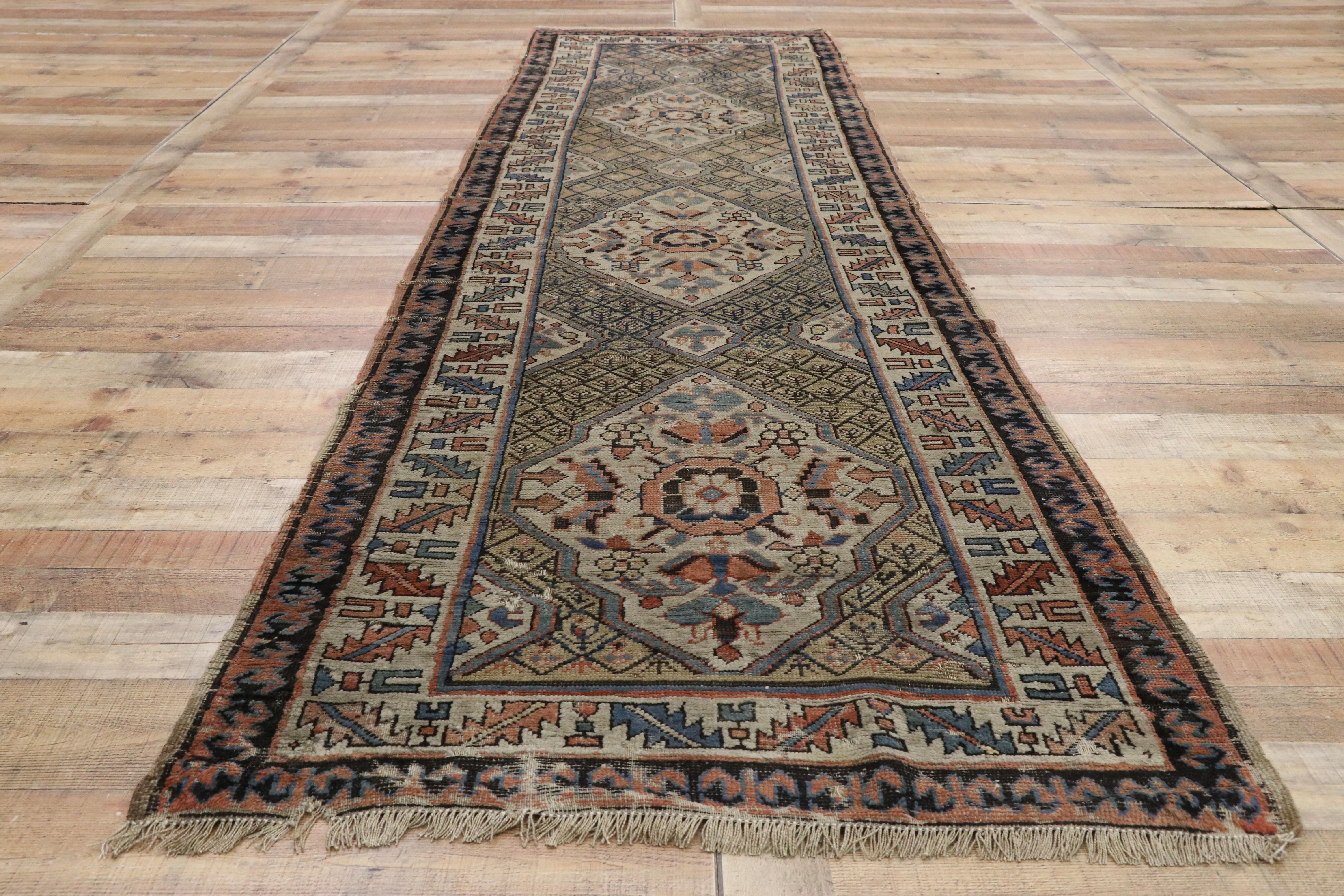 Distressed Antique Russian Tribal Kazak Rug, Caucasian Hallway Runner For Sale 1