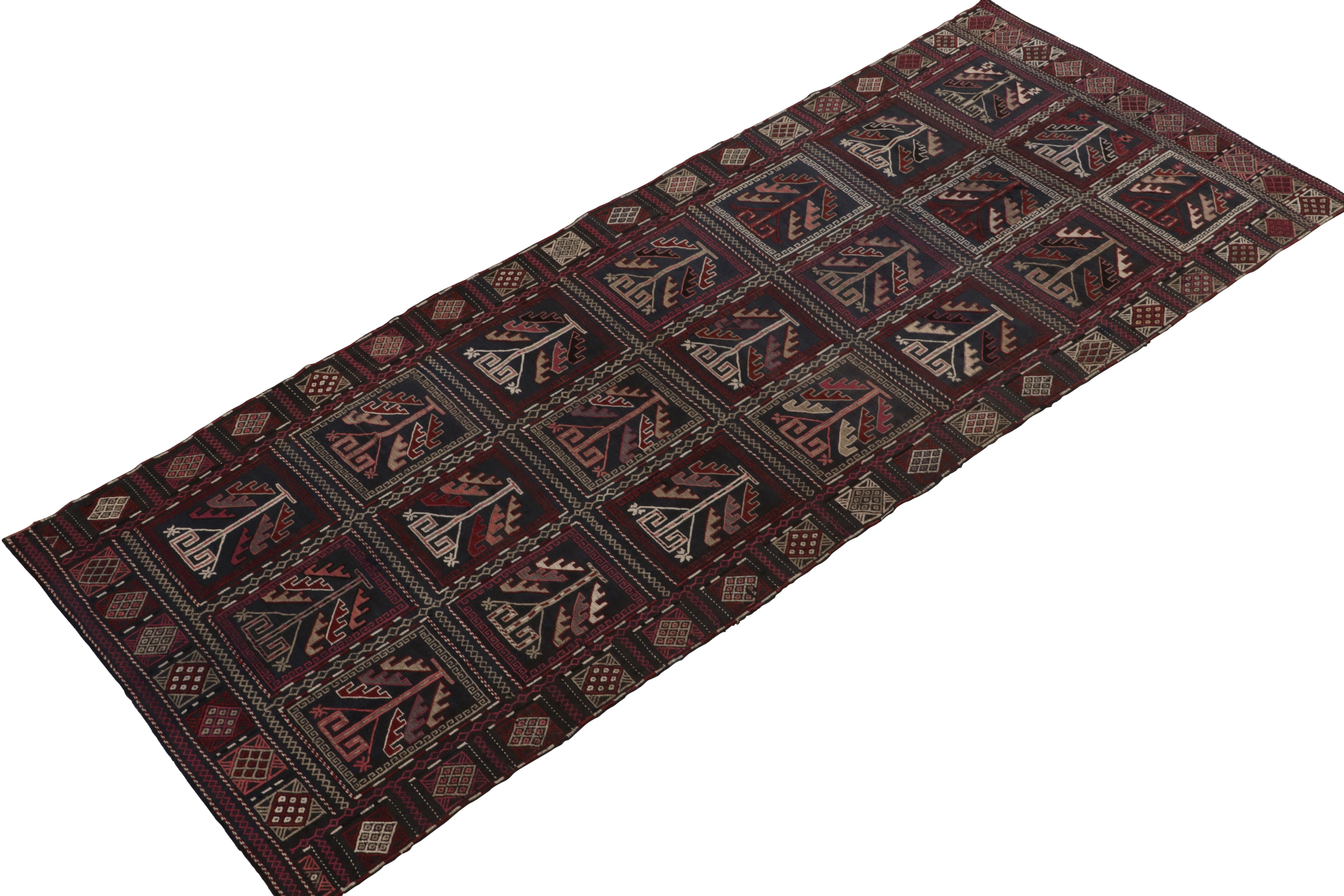 Originating between 1920-1930, a rare 4x10 antique Caucasian kilim rug believed to be of Russian tribal provenance. 

Handwoven in all wool, the gorgeous design witnesses meticulously embroidered elements for its time and lineage. The employment