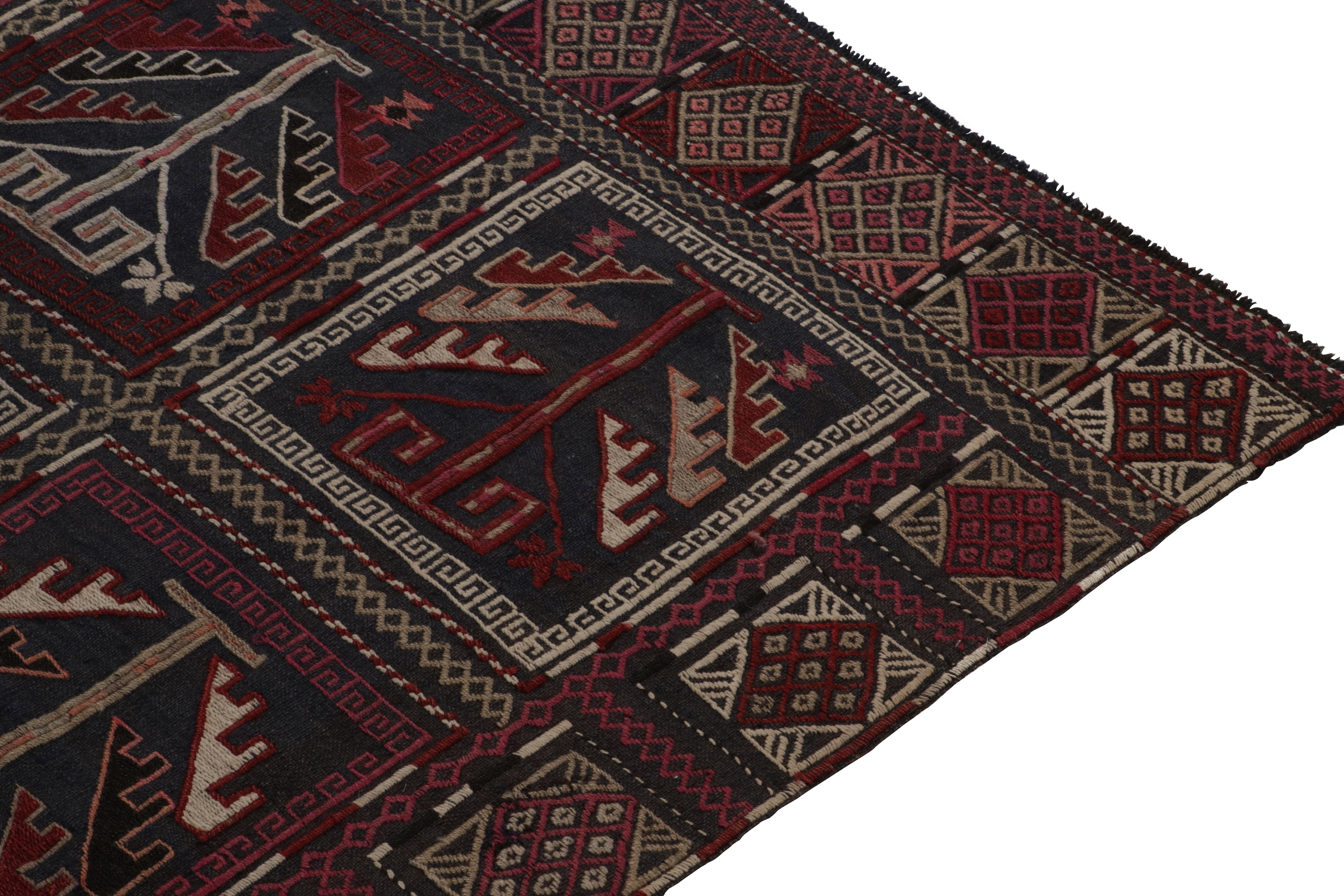 Early 20th Century Antique RussianKilim Rug in Blue Embroidered Geometric Pattern by Rug & Kilim For Sale