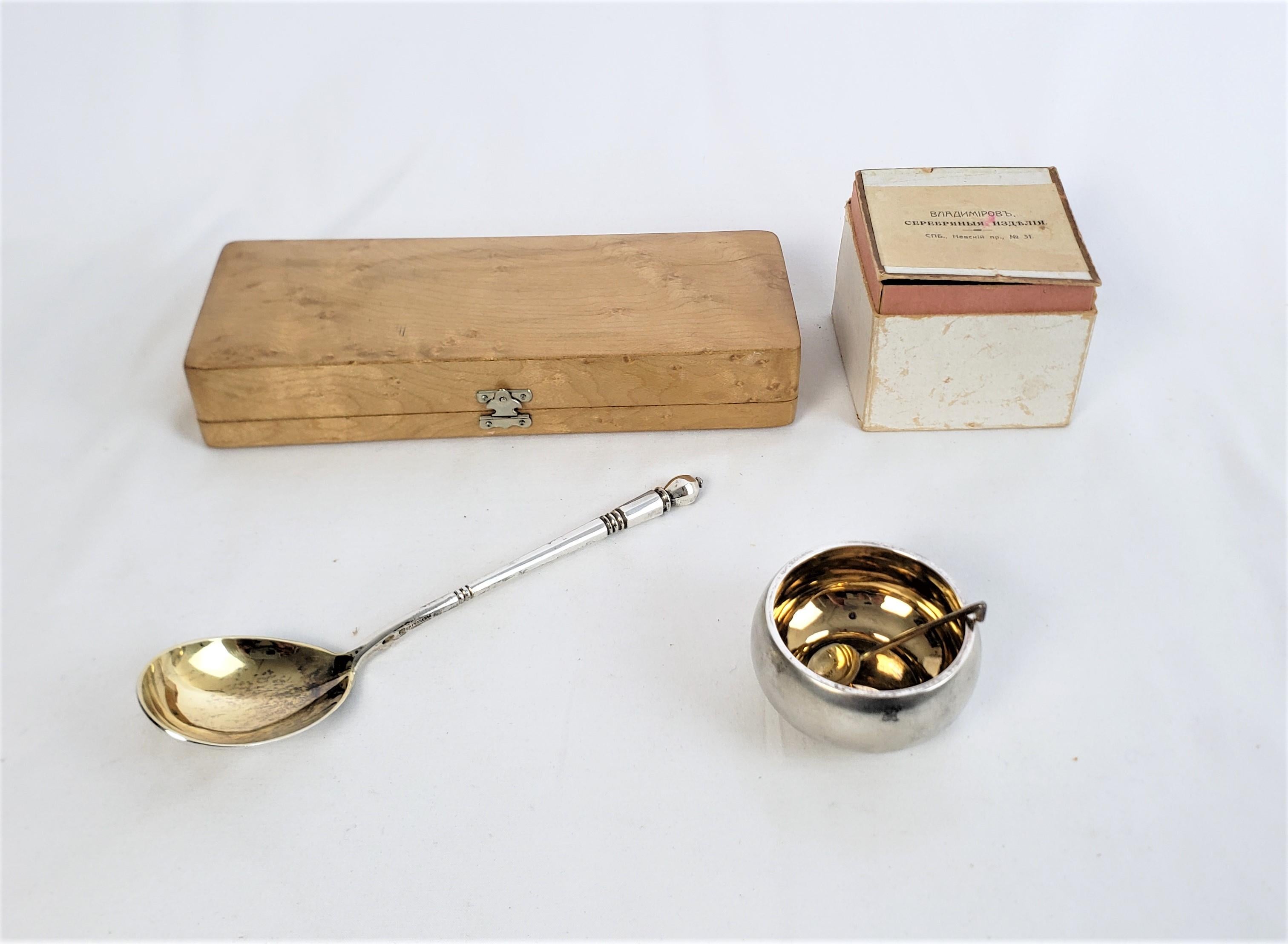 Edwardian Antique Russian Tsarist .888 Silver Serving Spoon & Open Salt Cellar & Spoon Set For Sale