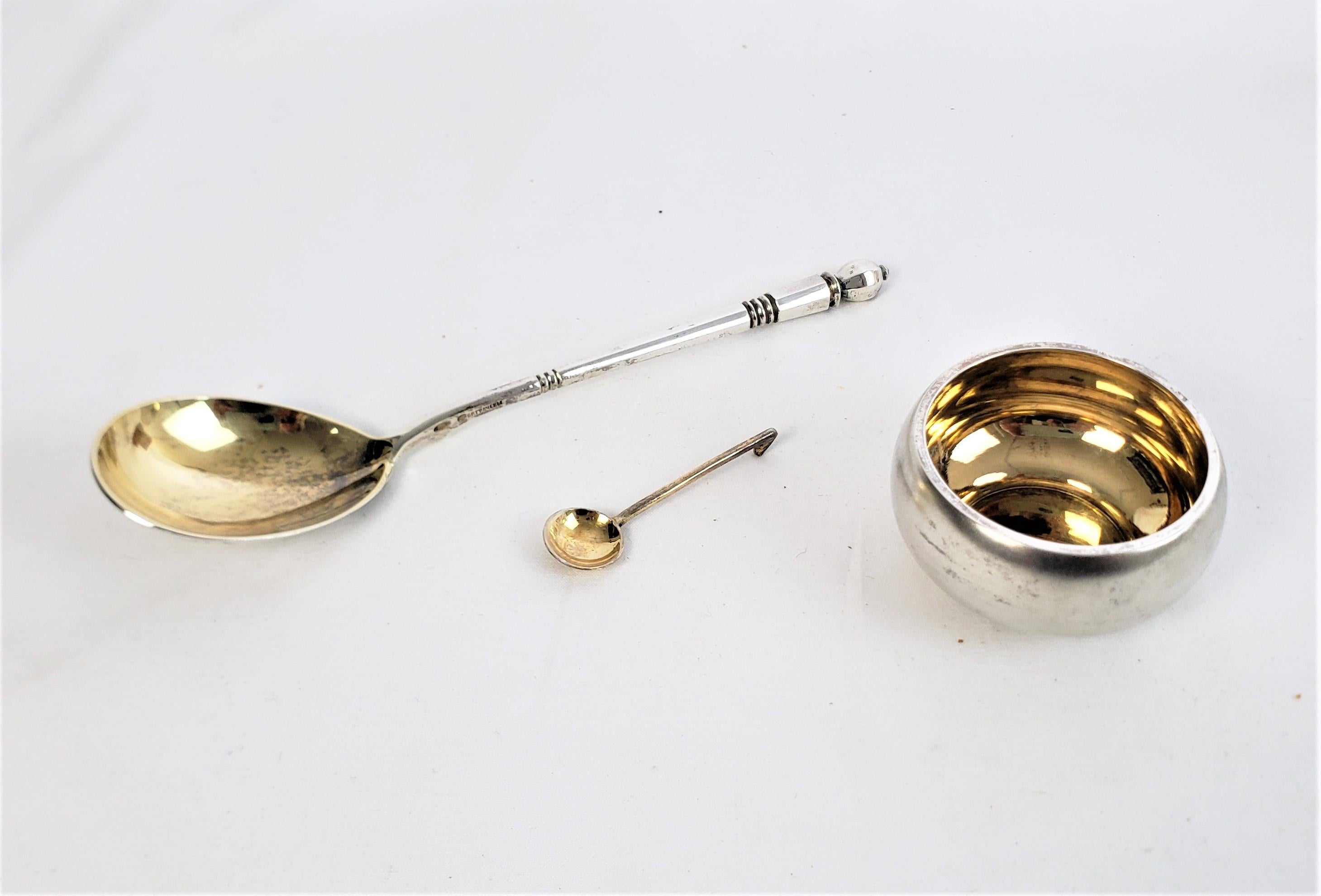 Hand-Crafted Antique Russian Tsarist .888 Silver Serving Spoon & Open Salt Cellar & Spoon Set For Sale