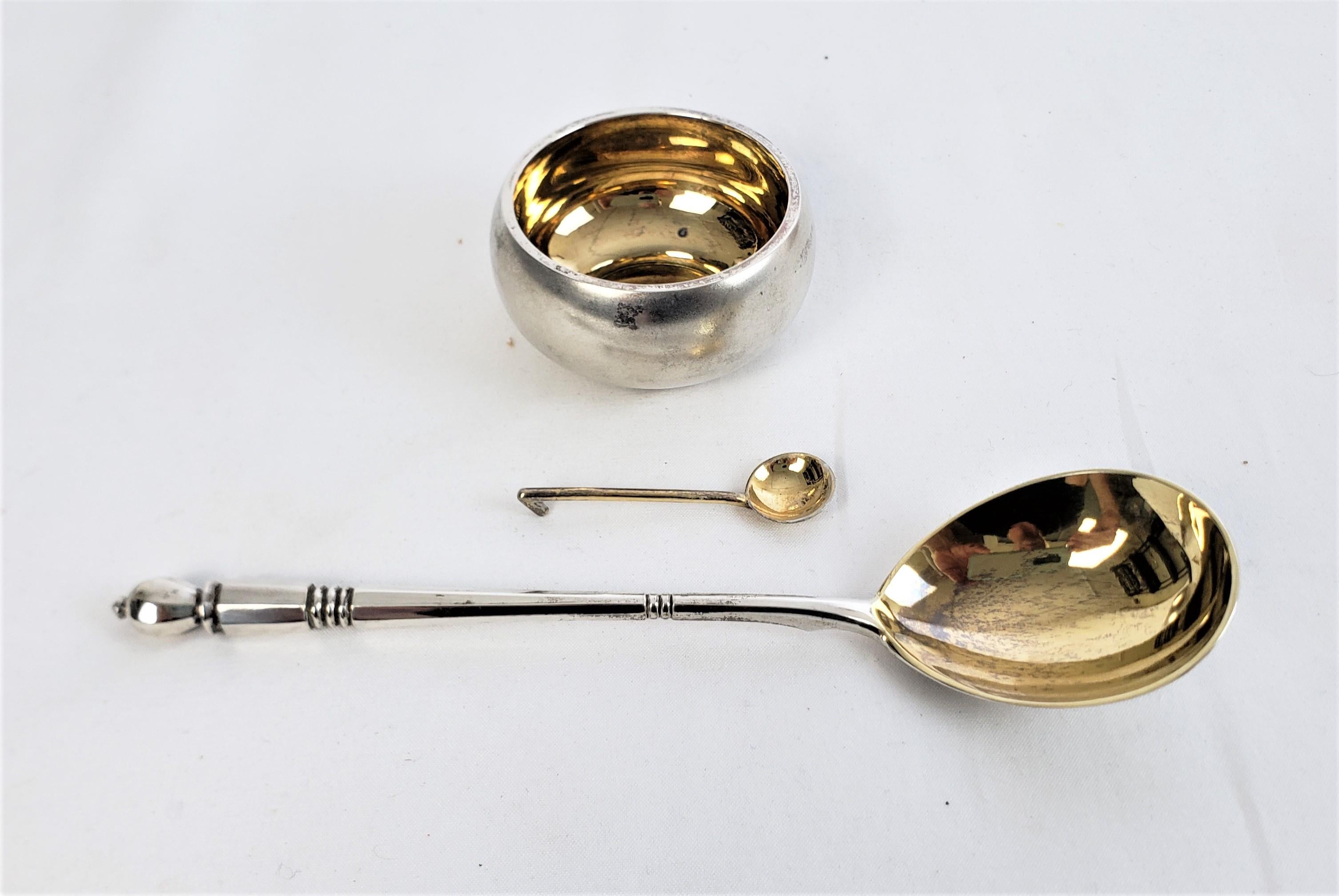 20th Century Antique Russian Tsarist .888 Silver Serving Spoon & Open Salt Cellar & Spoon Set For Sale