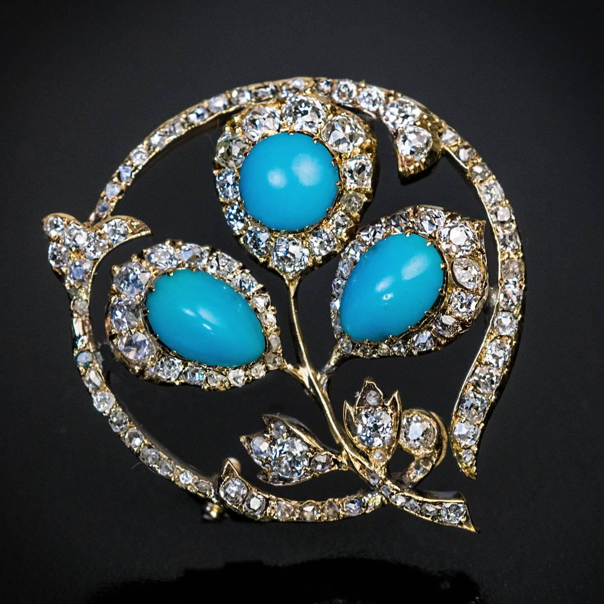 Antique Russian Turquoise Diamond Gold Brooch In Excellent Condition In Chicago, IL