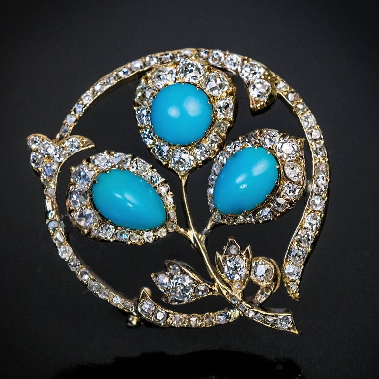 Women's or Men's Antique Russian Turquoise Diamond Gold Brooch