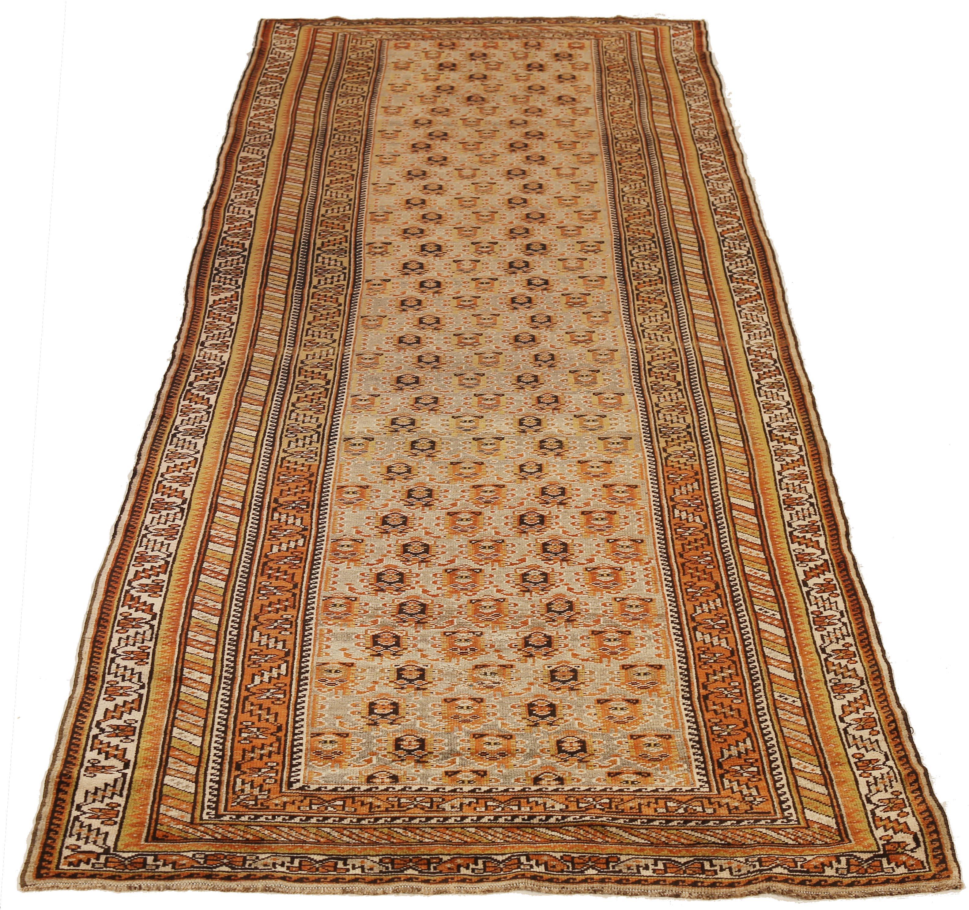 Antique Russian rug handwoven from the finest sheep’s wool and colored with all-natural vegetable dyes that are safe for humans and pets. It’s a traditional Varamin design with Mina-Khani daisies pattern in black and brown on a beige field. It’s a