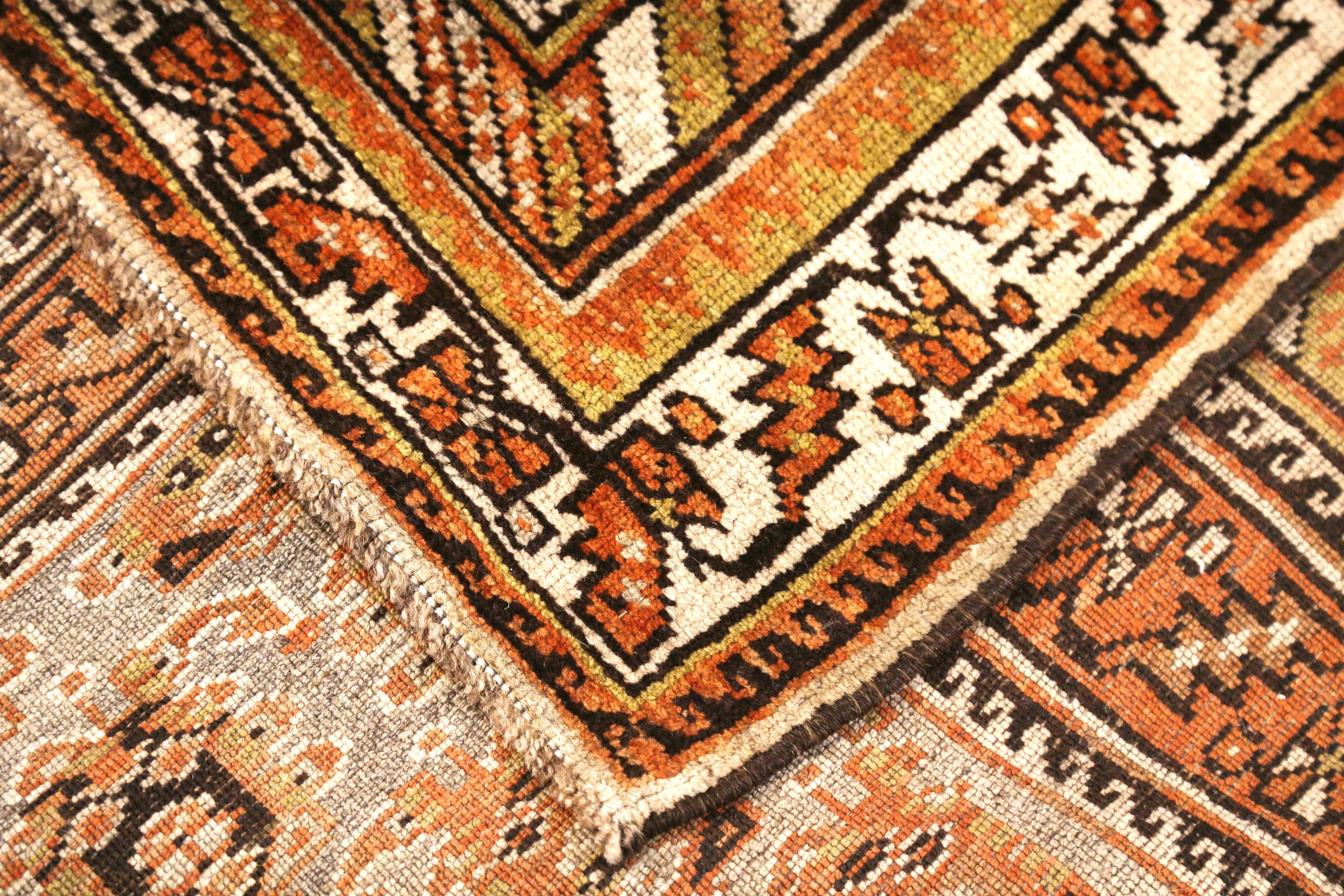 Hand-Woven Antique Russian Varamin Style Runner Rug with Black and Brown Mina Khani Details For Sale