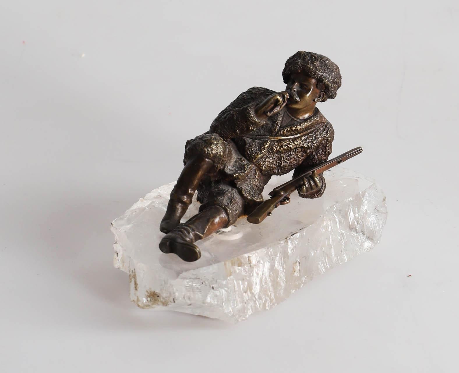 Ruso antiguo  Vasiliy  Figura Grachev Reposo Cosaco Bronce Cristal de Roca Art Nouveau en venta