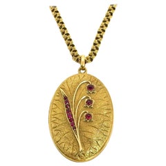 Antique Russian Yellow Gold Ruby Lily of the Valley Locket Chain Necklace